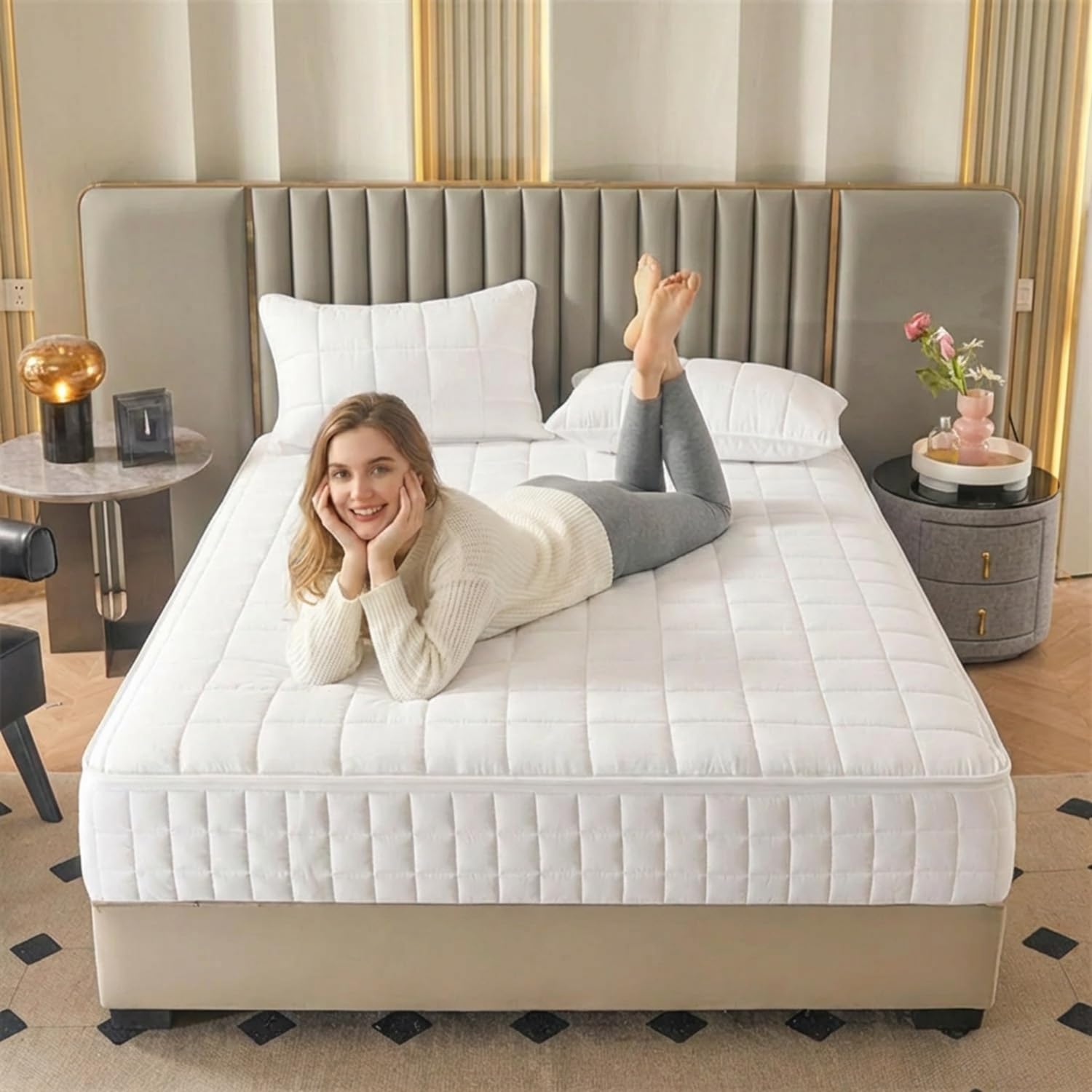 Housse Matelas Intégrale Zippée - Protège Matelas Matelassé 6 Faces Doux, Rénove Matelas Respirant avec Fermeture Éclair, Anti Poussière pour Lits Euro & sur Mesure(Blanc,140x200x20cm)