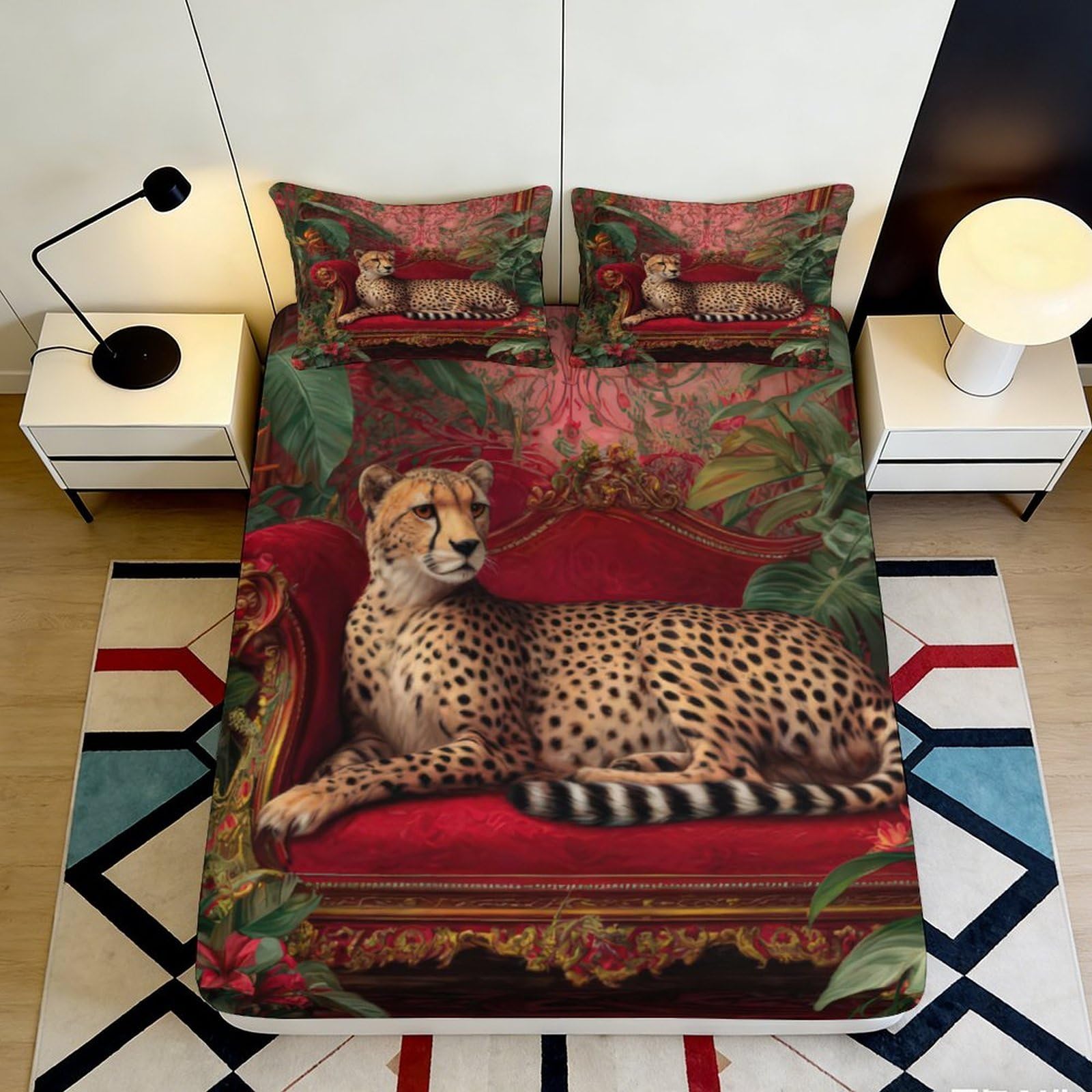 3D Printed Cheetah Animal Fitted Sheet Microfiber Soft Breathable Jungle Pattern Bed Cover for Bedroom Dormitory Guest Room Mattress Protection Decor 200x200x25cm