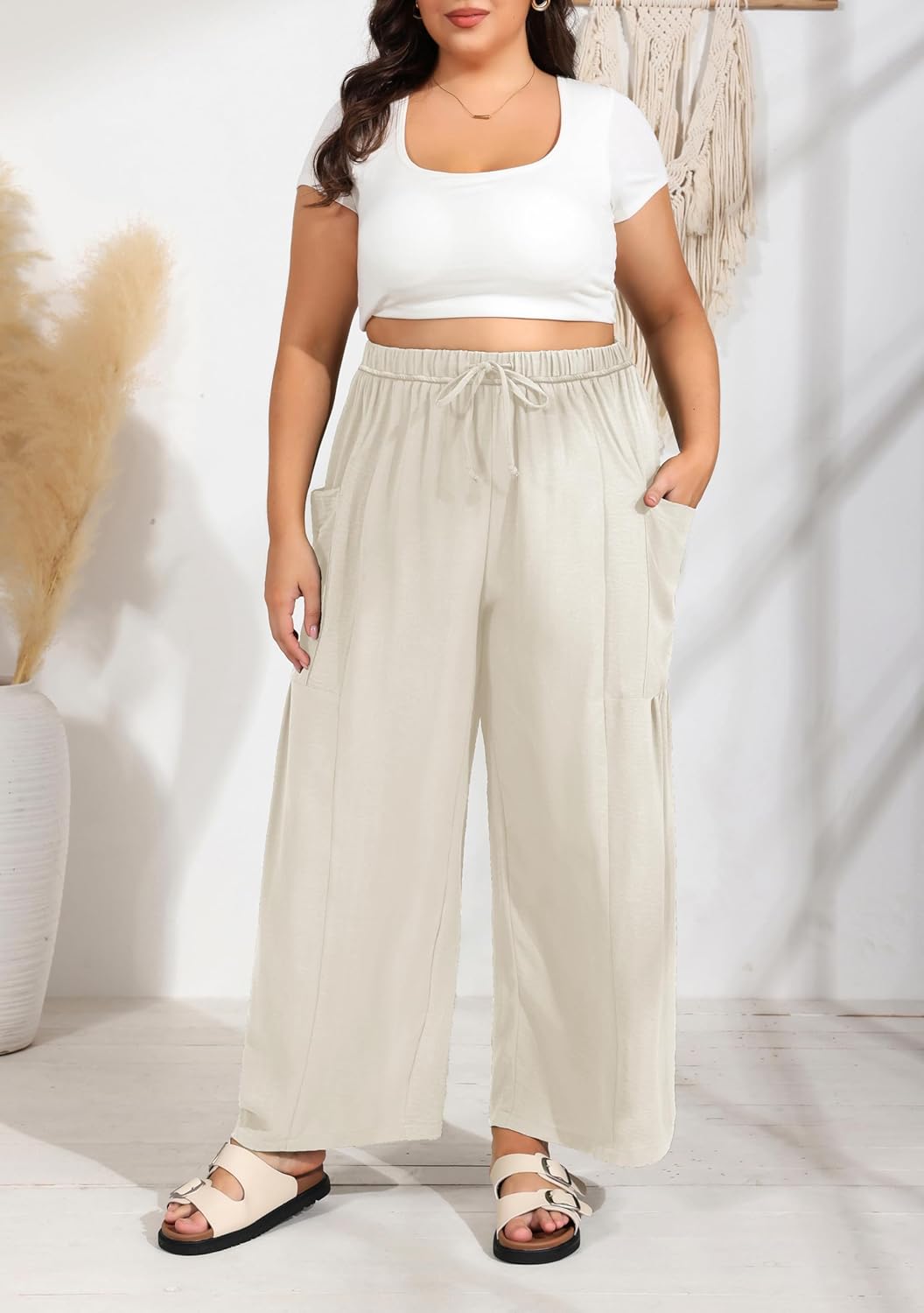 SEKINO Women's Plus Size Wide Leg Palazzo Pants Drawstring Casual Loose Beach Travel Vacation Flowy Lounge Pants with Pockets - Image 5