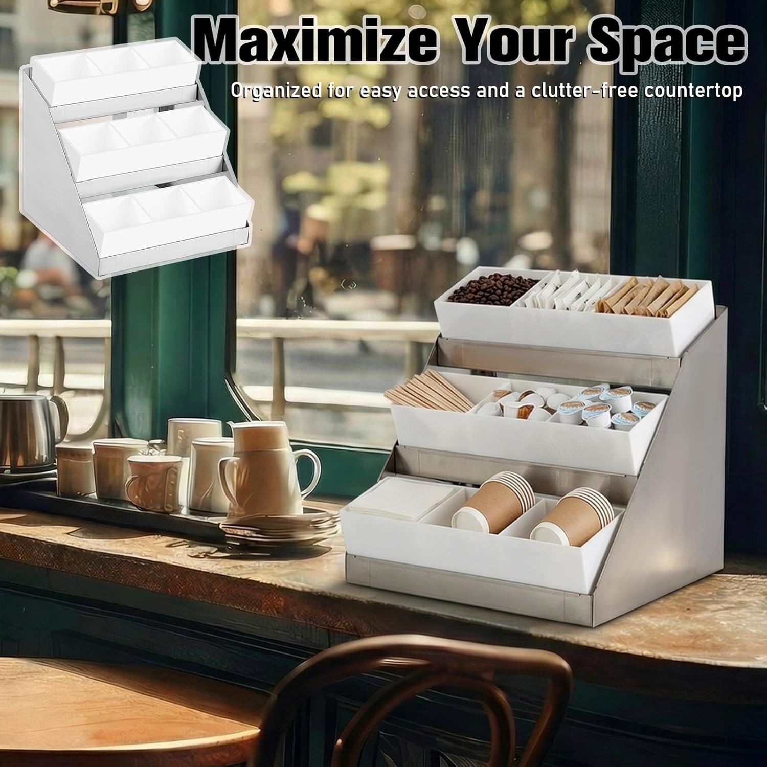 Maxdot Coffee Station Organizer, 3-Tier Stainless Steel Condiment Station with Acrylic Bins, Condiment Organizer for Countertop Station13.4"x11.4"x12.4" for Coffee Bar Shops Kitchen Restaurants Bar