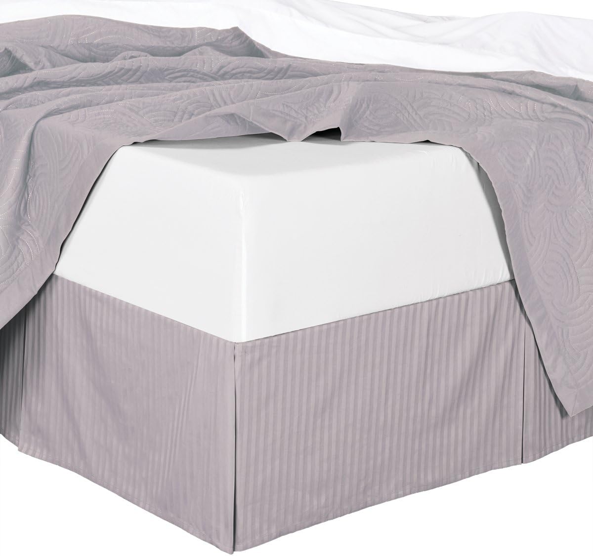 300tc Cotton Stripes Pleated Tailored Bed Skirt with 15 Inches Drop and Split Corners (Queen, Lilac)