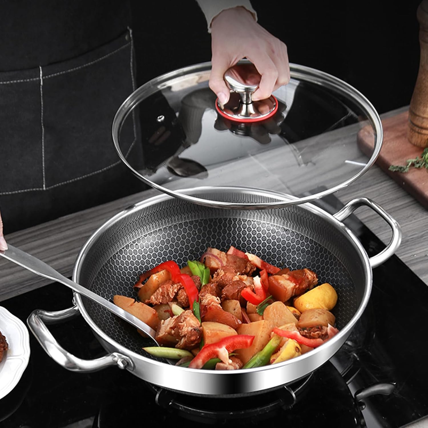 Wok Pan, Hybrid Nonstick Wok with Lid, Non Stick Stainless Steel Large Deep Woks&Stir-Fry Pans,Stay-Cool Handle Skillets,PFOA Free Cookware, Works on Induction,13.39in