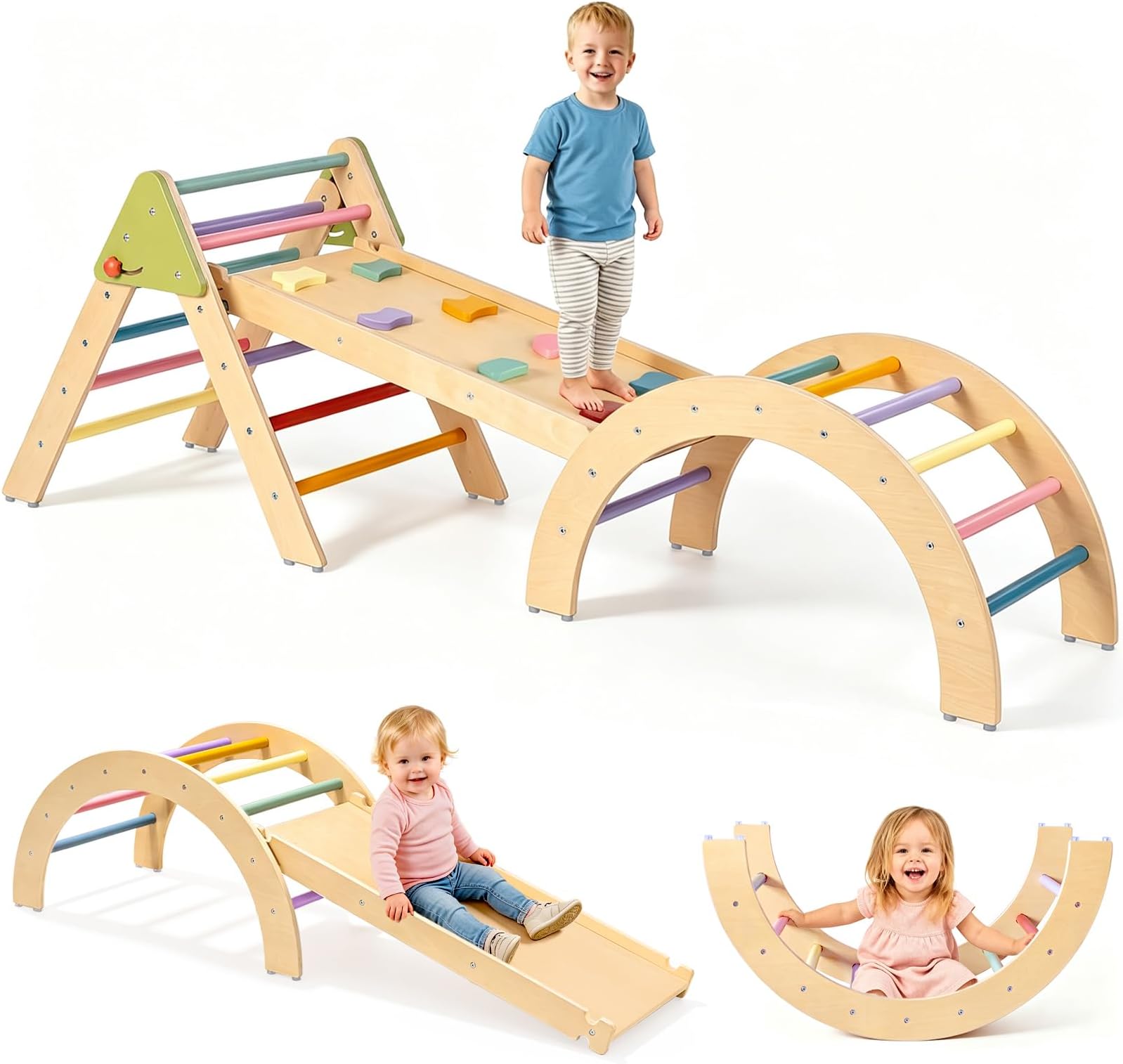 aiwo Foldable Pikler Triangle Set Toddler Climbing Toys for 1-3 Year Gift | Extra-thick wood, Foldable space-saving, Compact, Non-slip pads, Holds 2-3 kids, Montessori indoor toy, Indoor slide