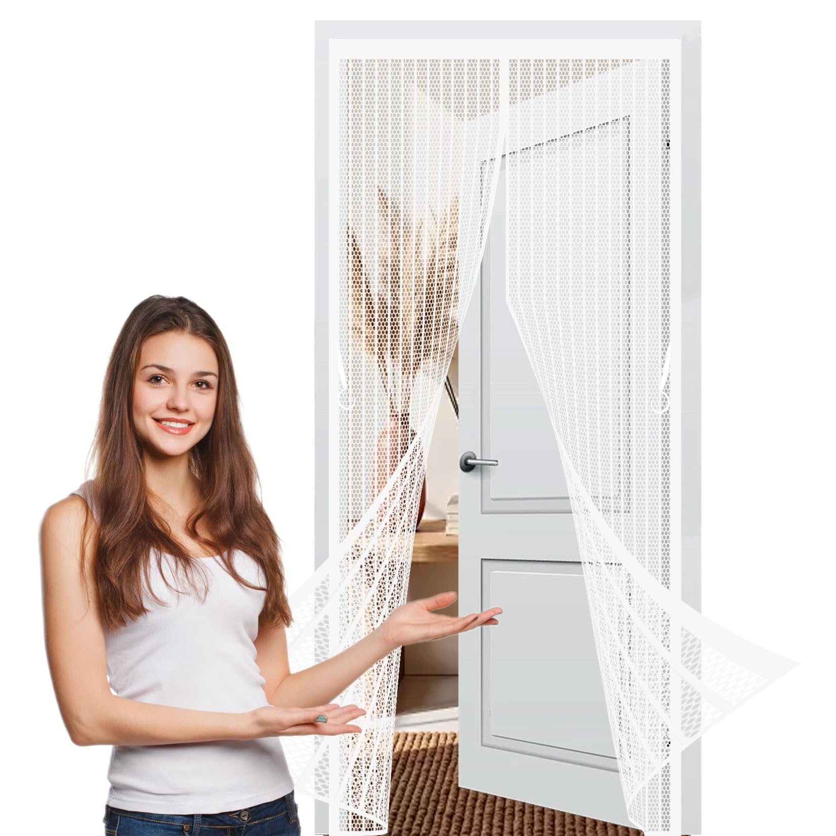 Magnetic Fly Insect Screen Door 65 x 164 cm Full Frame Magic Tape, Powerful Magnets Magnetic Fly Screens Lets Fresh Air, Easy to Install for Living Garage Doors, White