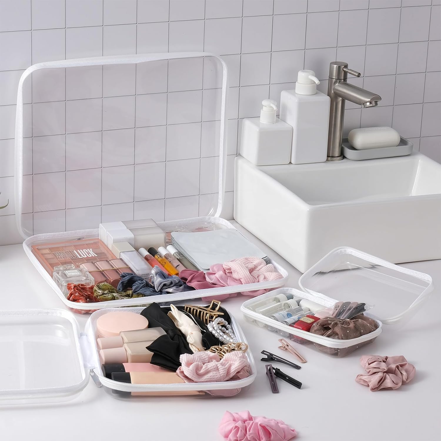 3 pack 12" Clear Zipper Pouches Portable Hard Shell Ccosmetic Case Plastic Storage Bag for Organizing