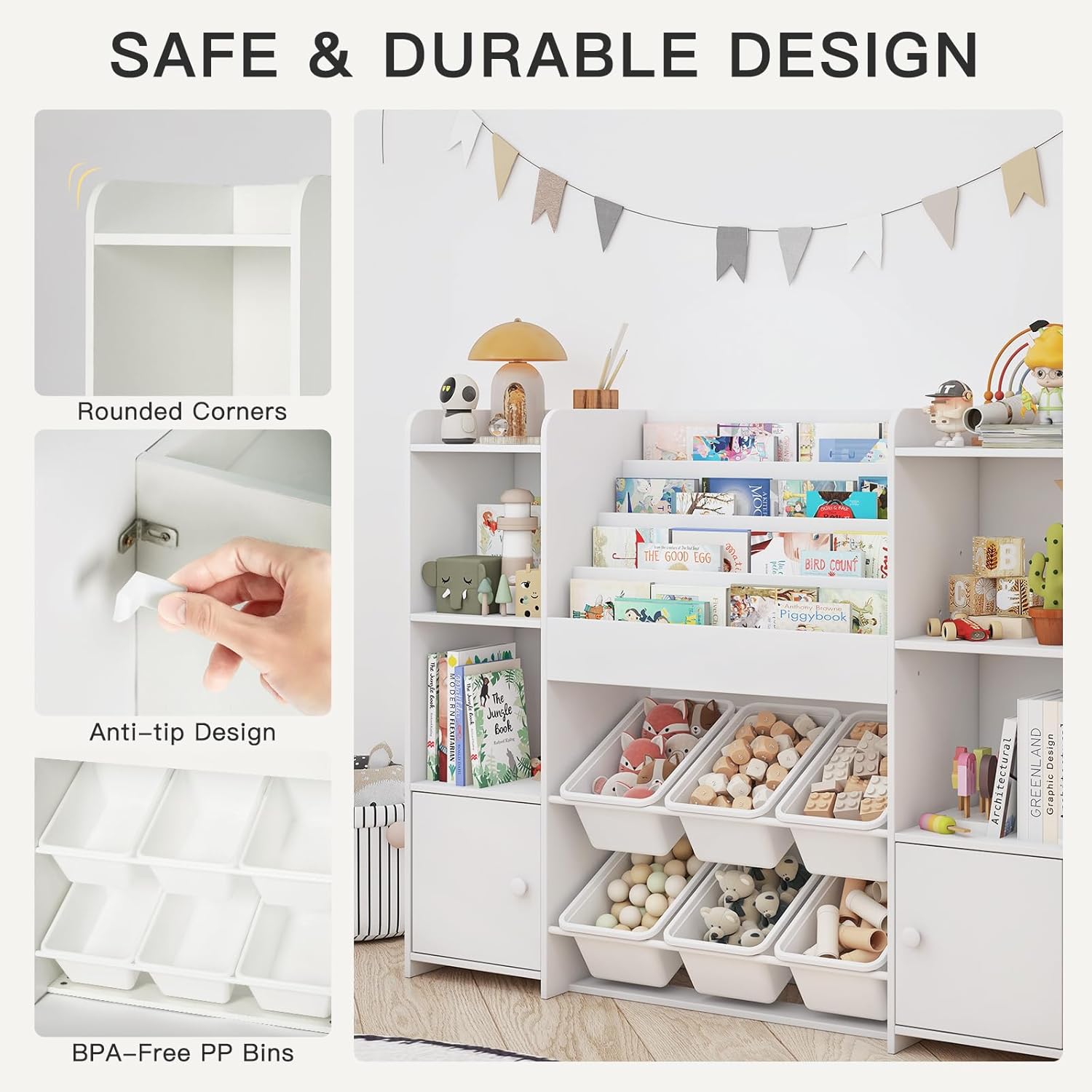 Toy Storage Organizer and Kids Bookshelf with 6 Toy Bins, Wooden Toy Organizers and Storage with 6 Cabinets for Living Room, Kids Room, Playroom, Nursery and Kindergarten - Image 3