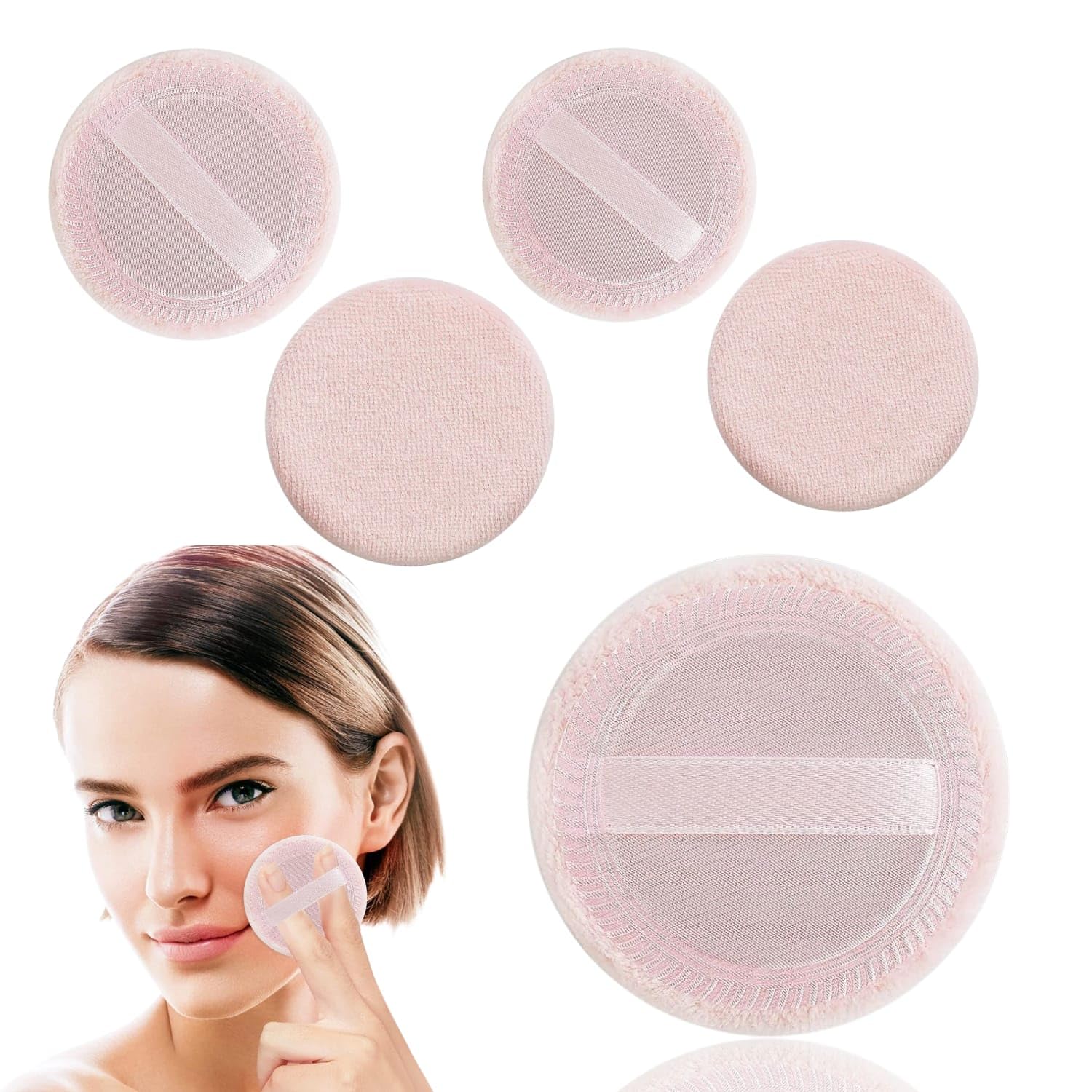 RIANZ® Pack of 4 Powder Puff Round Velour Face Makeup Compact Body Container Setting Pressed Blending Foundation Cream Make Up Ribbon Strap Sponge Cushion Applicator (Pink)-picture-24