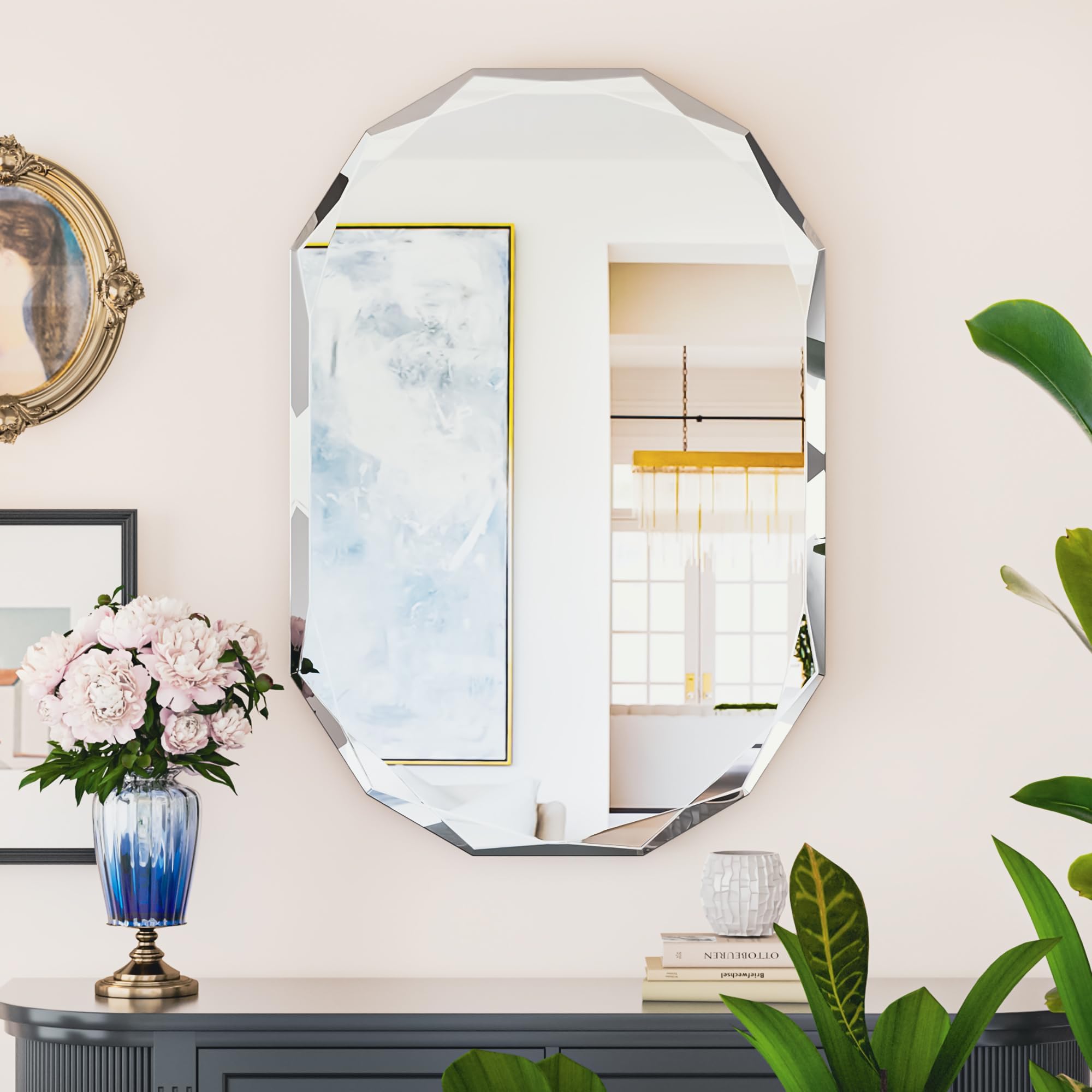 Suidia Modern Diamond Beveled Edge Mirror, 20" x 30" Oval, Wall Mounted, Frameless, HD Explosion-proof Glass, Bathroom Mirror for Bedroom, Living Room, Entryway, Hallway