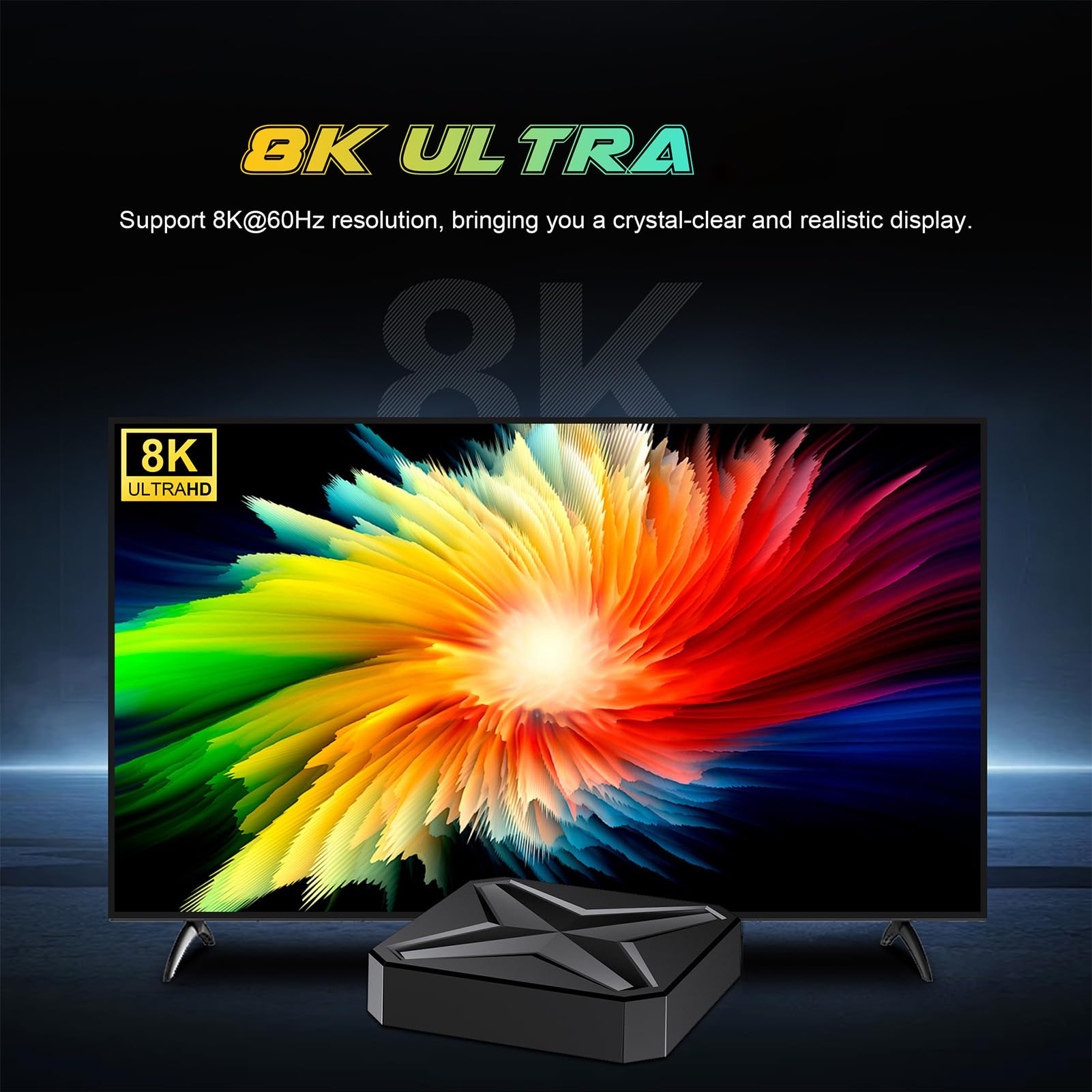 TV Box 8K, Odtwarzacz Multimediów Strumieniowych, 2 GB RAM i 16 GB ROM, Dwuzakresowe Wi-Fi 6 2,4G 5,8G, Pilot Głosowy, USB 3.0, Obsługa Rozszerzenia do 128 (wtyczka UE)