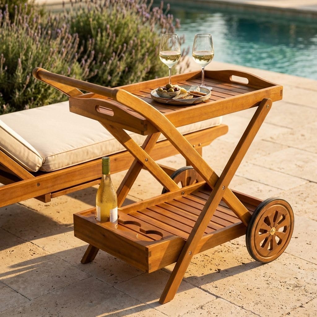 milani home - carrello portavivande da giardino, legno di acacia, con ruote, 2 ripiani, 87 x 56 cm