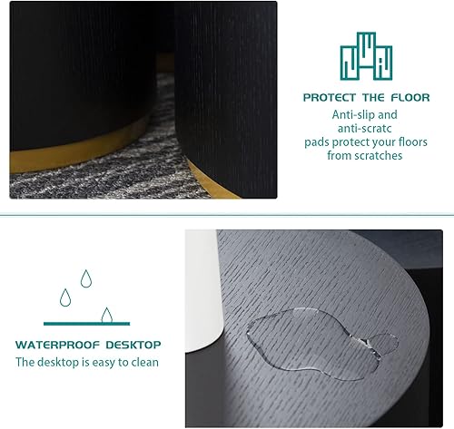 Miniatura 4 de kevinplus Mesa auxiliar negra con borde dorado para sala de estar, mesa auxiliar redonda de madera para espacio pequeño, dormitorio, oficina,