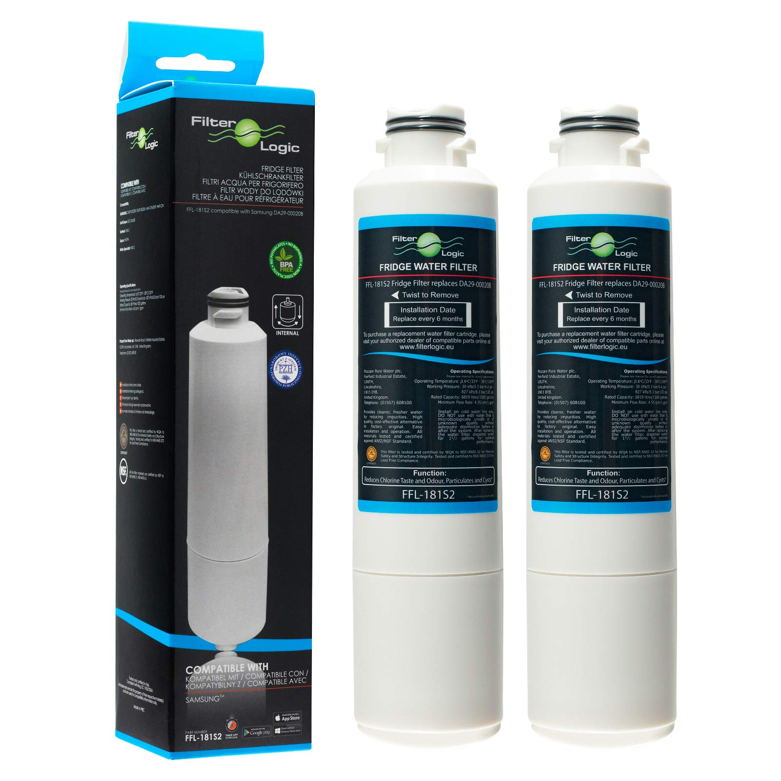 2x FilterLogic FFL-181S2 Filtri acqua frigo compatibile con Samsung DA29-00020B, HAF-CIN/EXP, HAF-CIN, DA97-08006A-B, DA97-08006A-E, DA97-08043ABC cartucce per frigoriferi