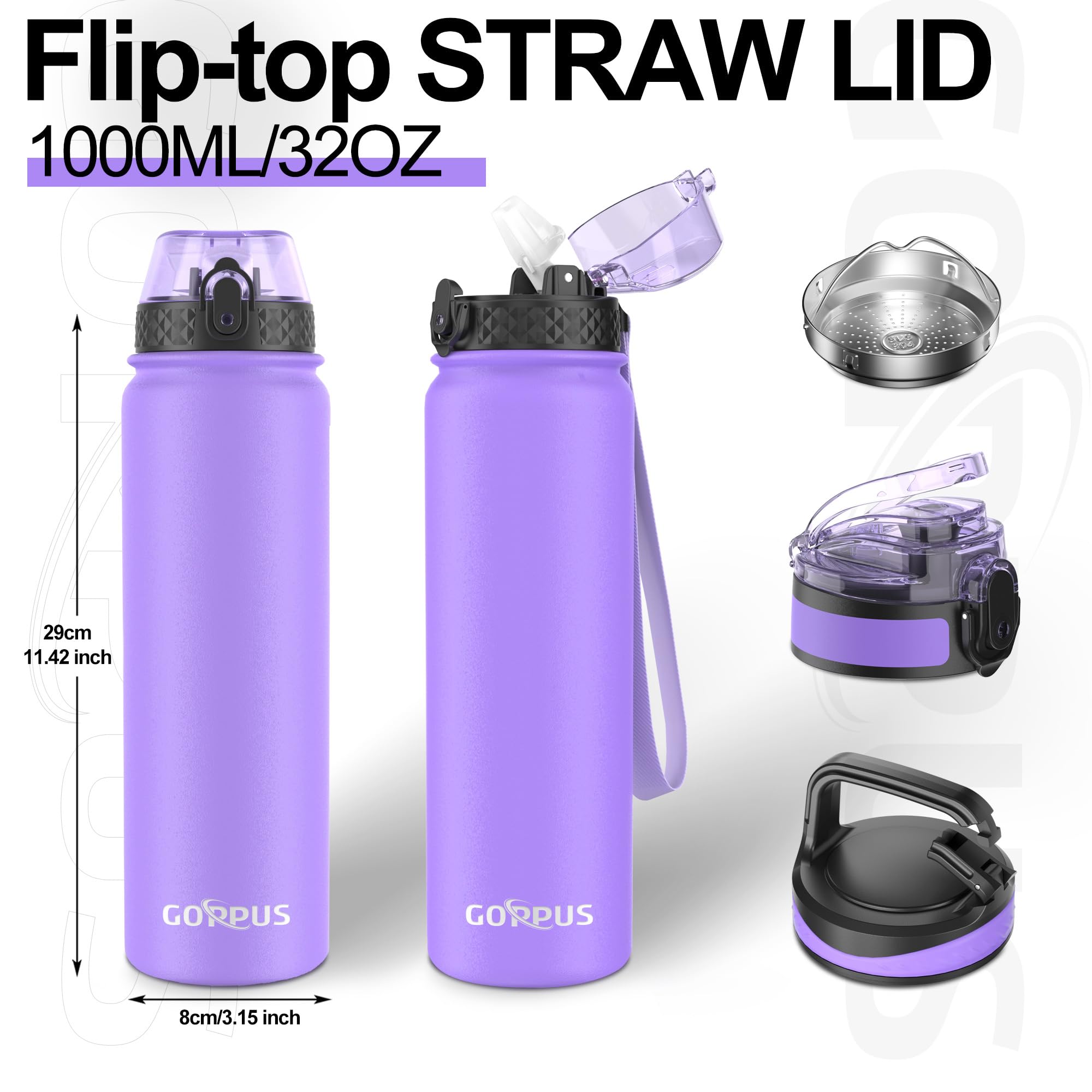 GOPPUS 1L/32oz Stainless Water Bottle with Straw Double Wall Insulated Bottles with Strap Reusable Vacuum Thermal Flask Leakproof Keep Cold Drinks Bottles with Flip Top Lid for Gym Men Women BPA Free - Image 4