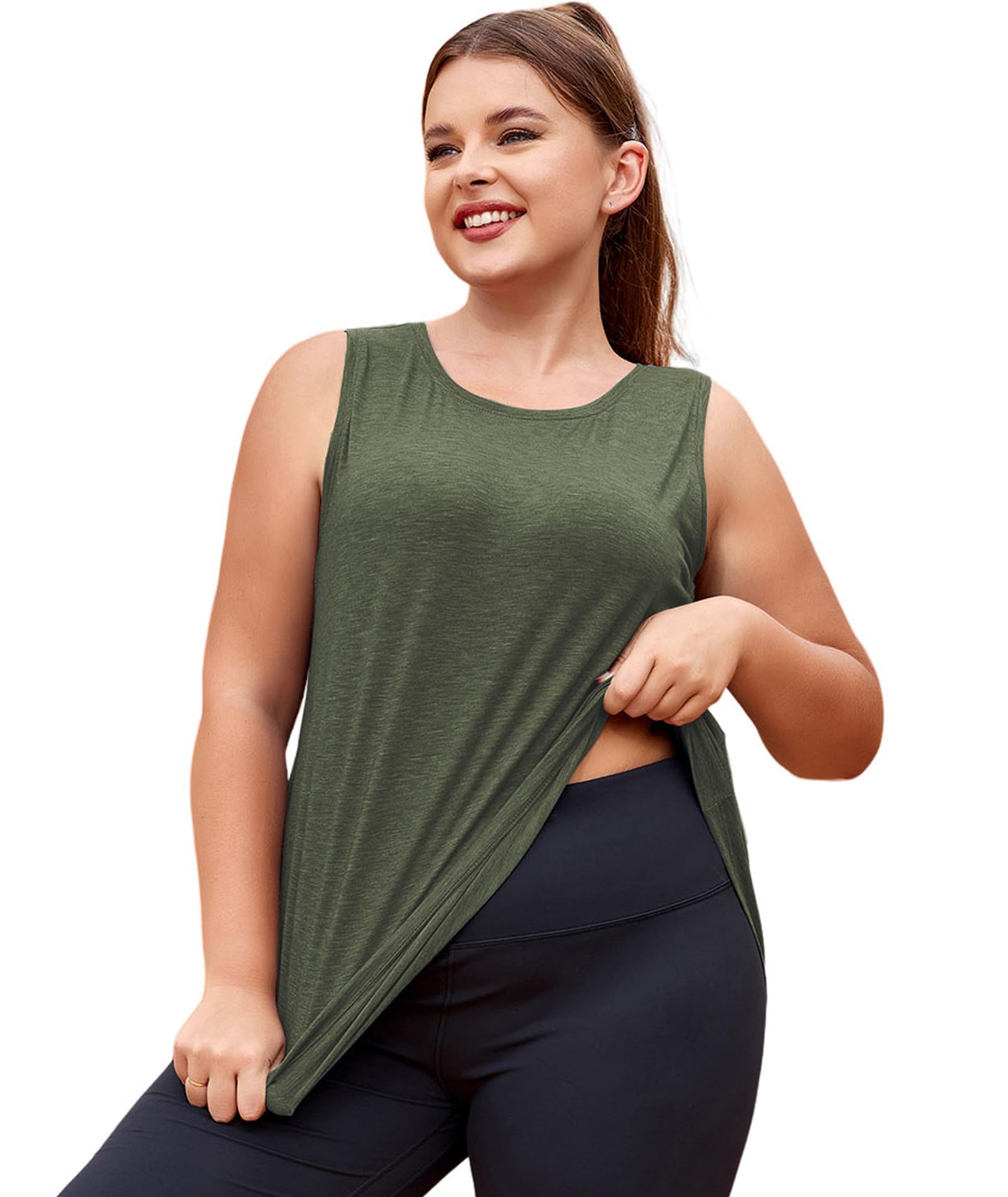 View 1 of ** stain wash before use ** LALAGEN Plus Size Workout Tank Tops UV Sun Protection Shirt Loose Fit Athletic Running Shirts Army Green XXL