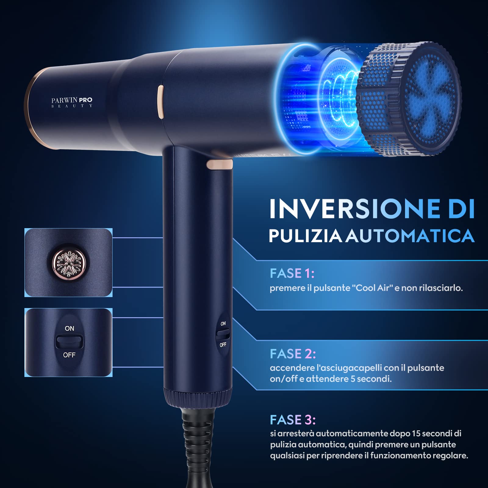 Asciugacapelli Professionale Da Salone ad Asciugatura Rapida Agli Ioni, Phon Con Motore Brushless A Bassa Rumorosità Da 110.000 RPM, Phon Da Viaggio | Microfiltro Innovativo | Display a LED