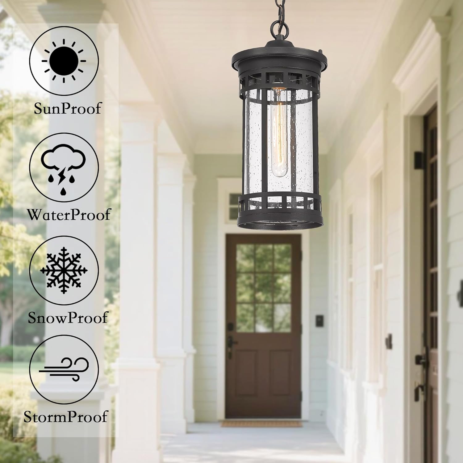 ALLGOT Outdoor Pendant Light Fixtures, Exterior Hanging Lantern Porch Light, Black Hanging Lamp Farmhouse Exterior Chandelier Ceiling Mount for Porch, Patio, or Entryway (Black, 13.2 Inch Height)