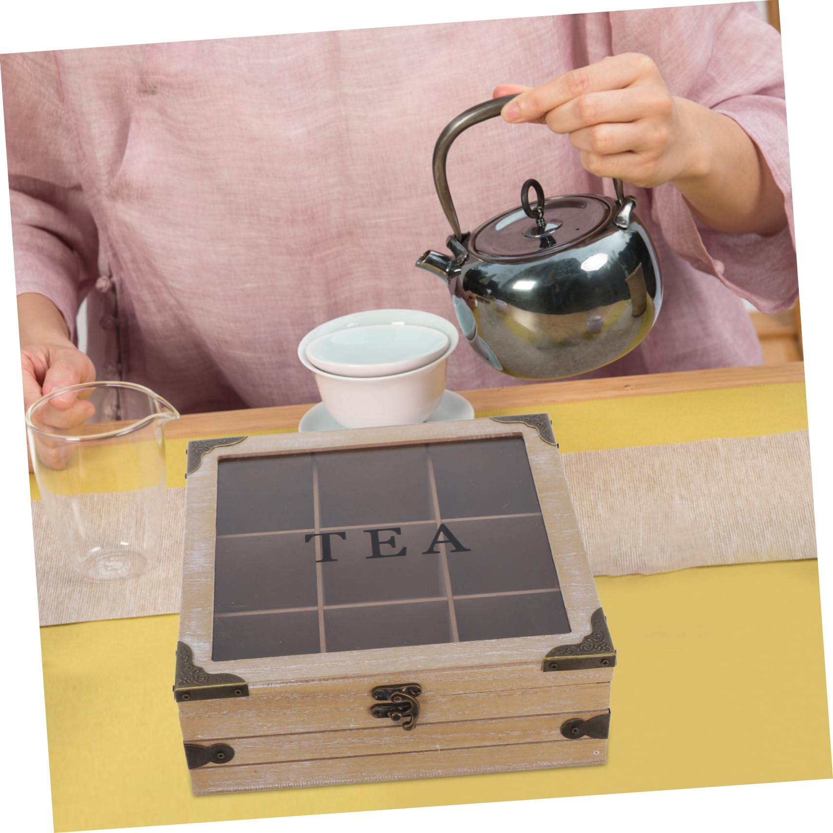 Amosfun Caja Organizadora con Tapa de Vidrio de Madera de Bolsitas de Té