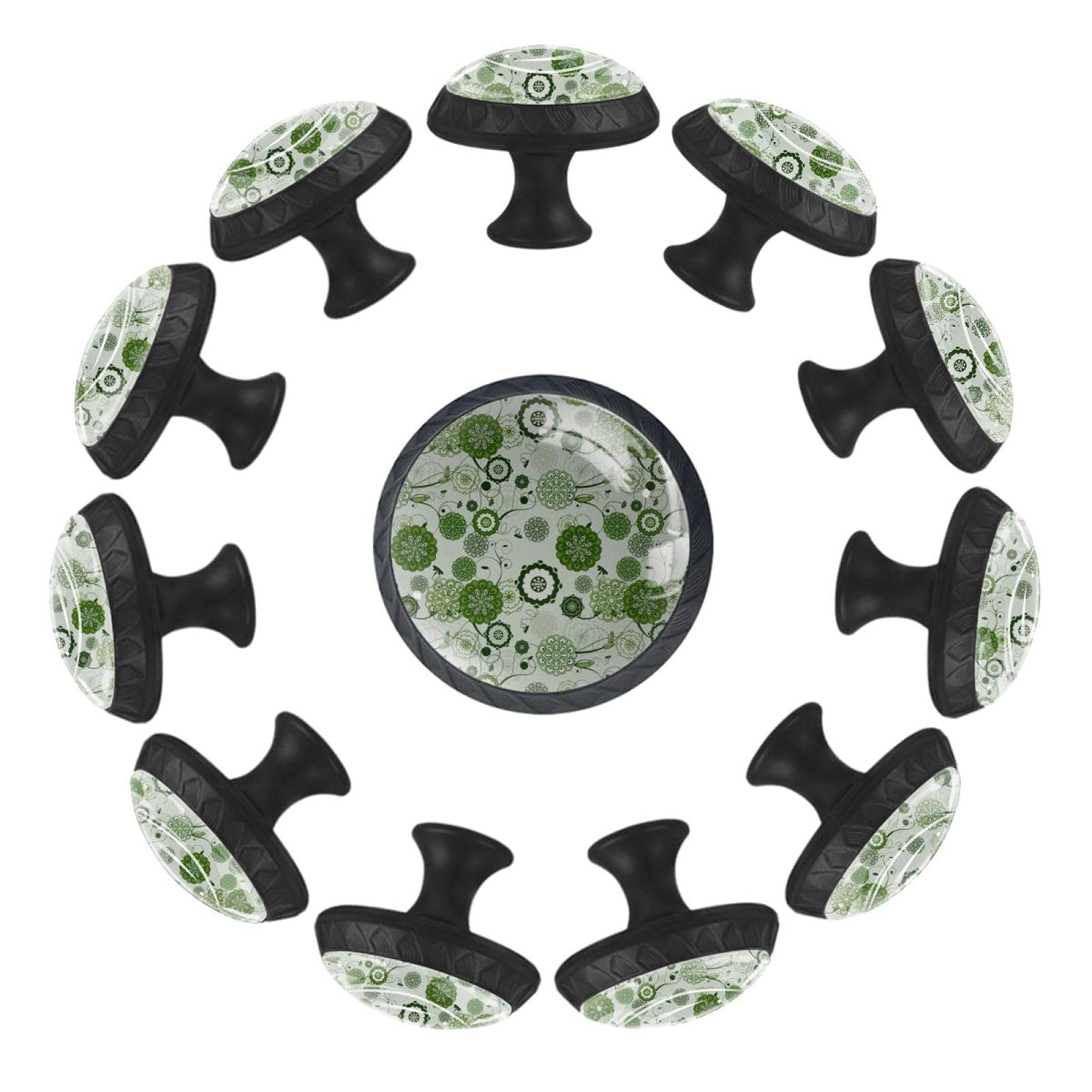 Boutons de tiroir ronds motif floral vert 35mm meuble chambre lot 12