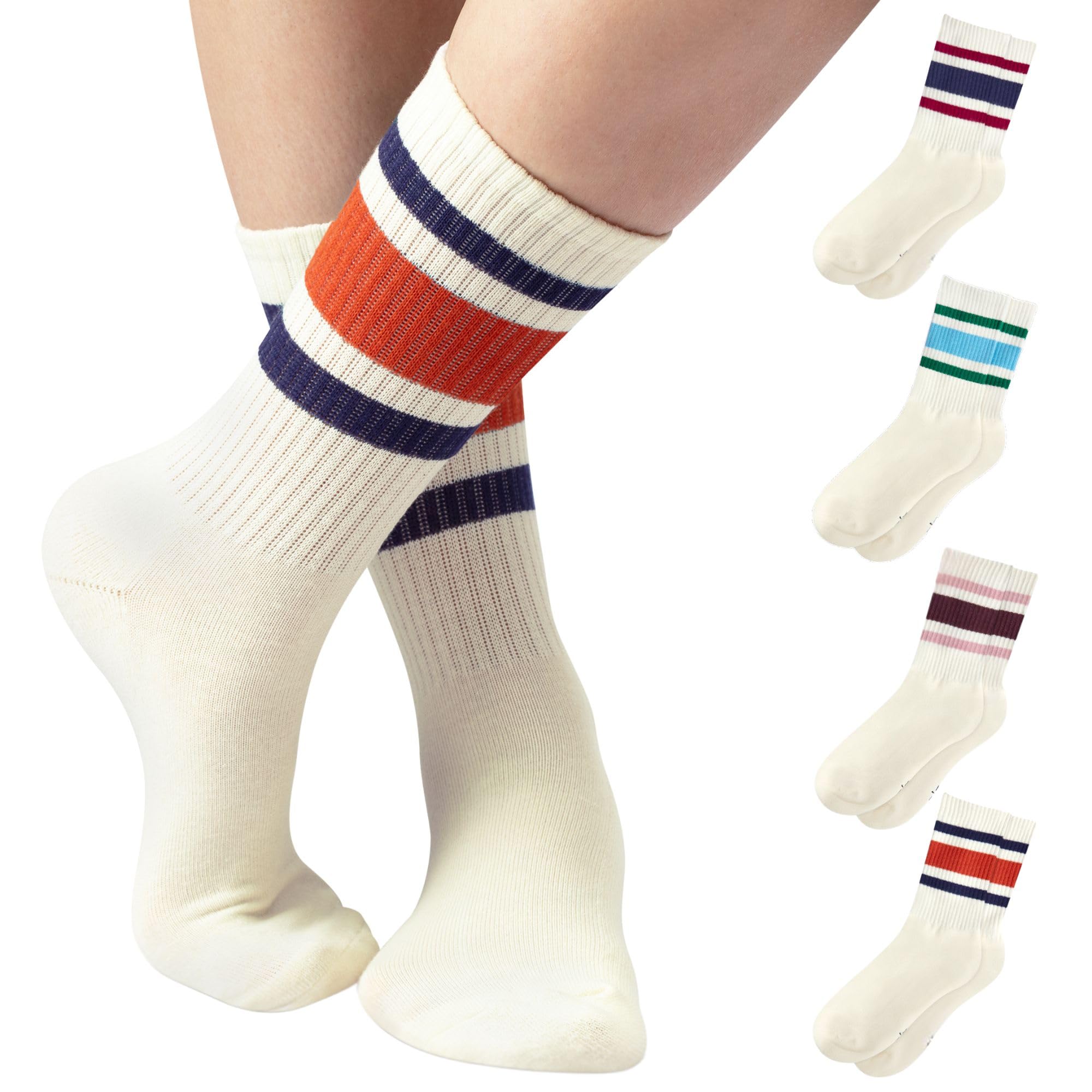 F|B Striped Retro Crew Socks for Women and Men - Pair of 5 Triple Striped Socks with Terry Cushioned Sole