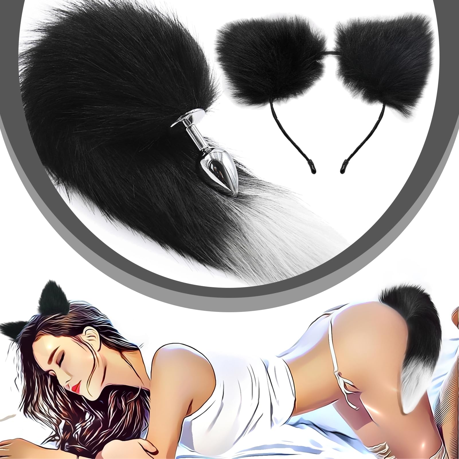 Stainless Steel Anal Butt Plug with Faux Silver Fox Tail and Ear-Anal Stopper Tail Sex Toy for SM Adult Games or Cosplay
