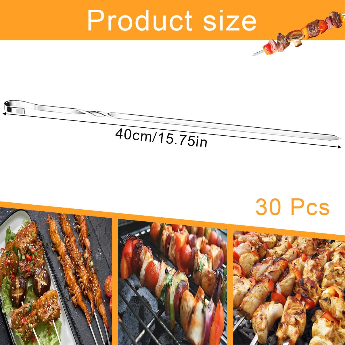 30 Stück Edelstahl grill spieße, 40cm Grillspieße Edelstahl, Grillspieße,Grill spieße Wiederverwendbare (A-30Stück-40 cm)