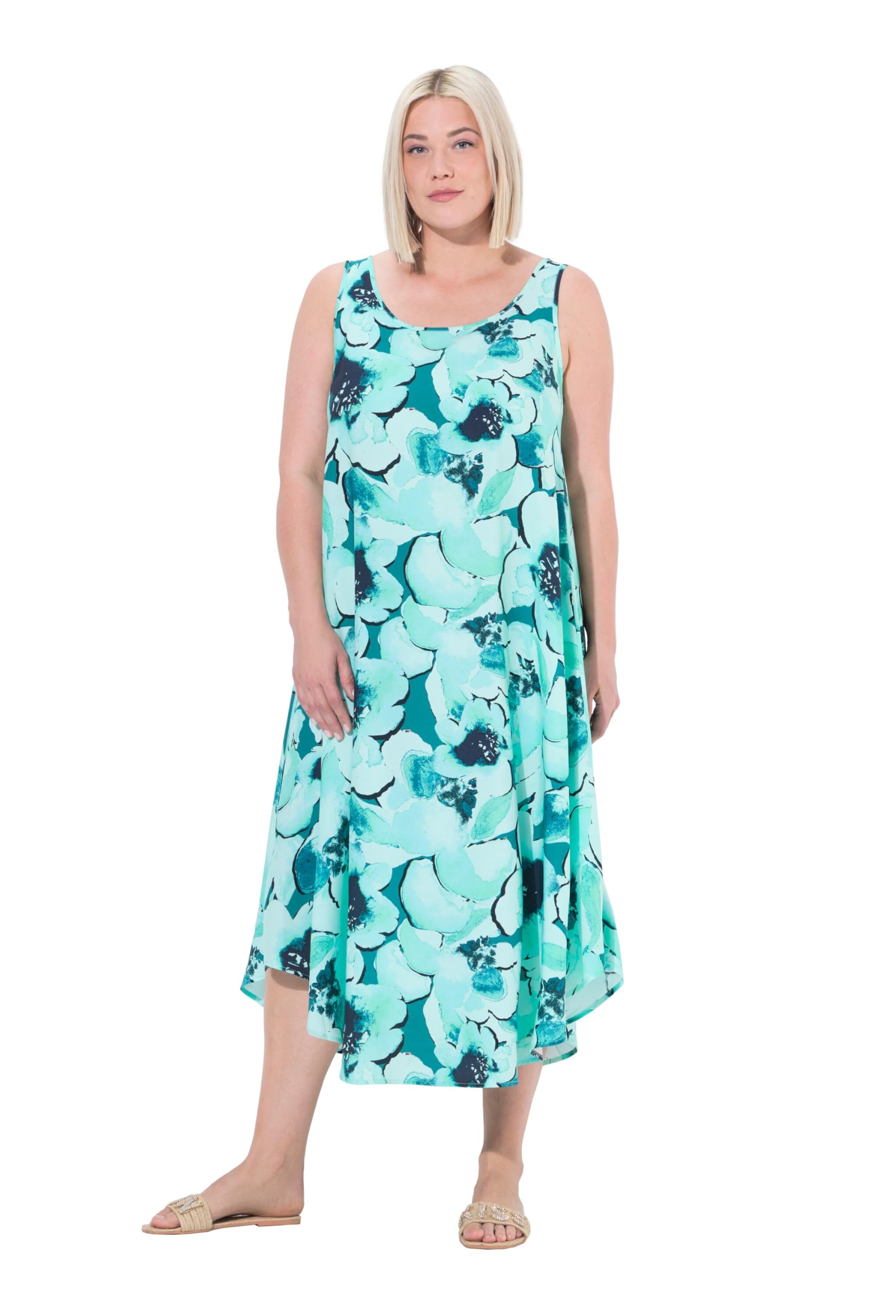 Ulla Popken Damen große Größen Übergrößen Plus Size Midikleid, Blüten, A-Linie, Rundhals, ärmellos 842374