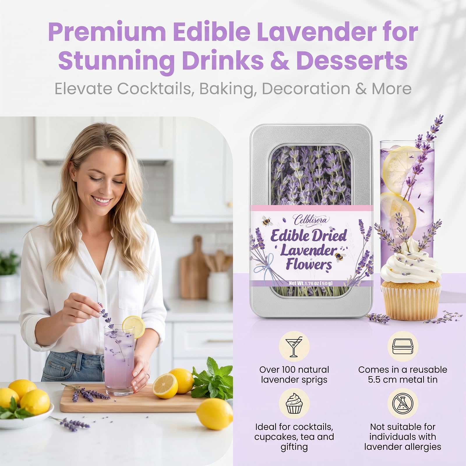 100+ Essbare Lavendelzweige für Cocktails (50 g),Kulinarischer Lavendel für Desserts,Tee,DIY Bastelarbeiten-Lavender Plant Getränkegarnitur für Partys