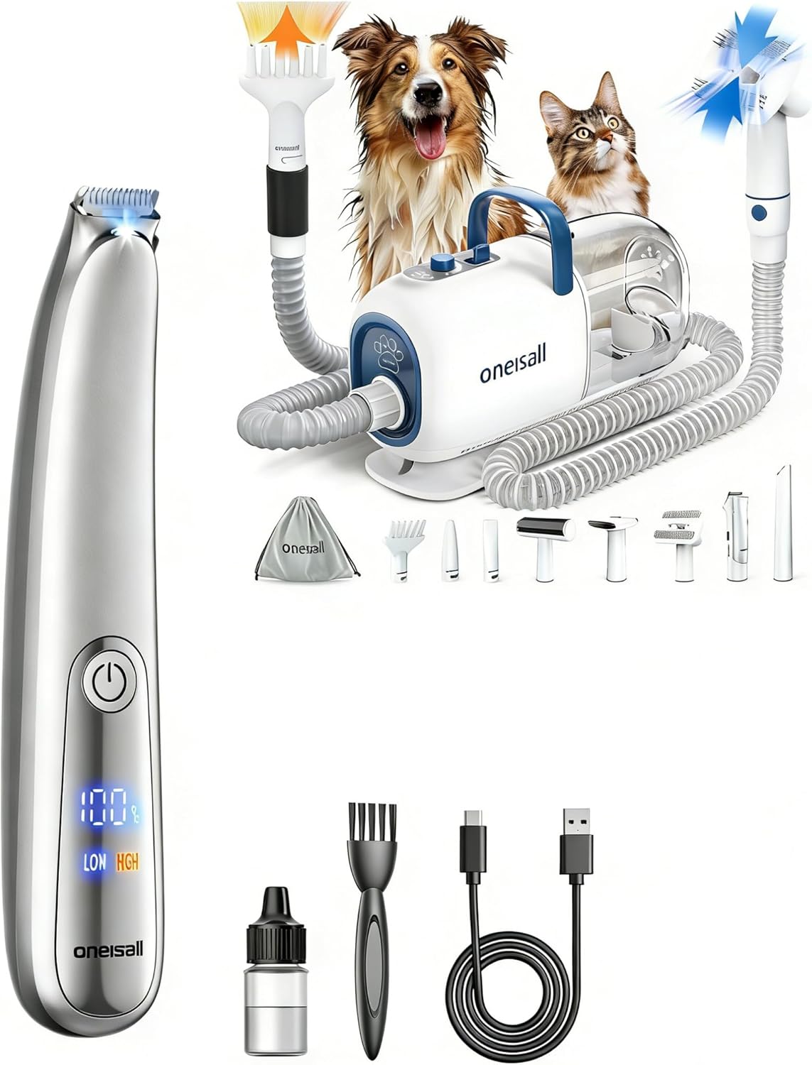 oneisall Dog Vacuum & Dryer for Shedding Grooming and 2-Speed Dog Paw Trimmer