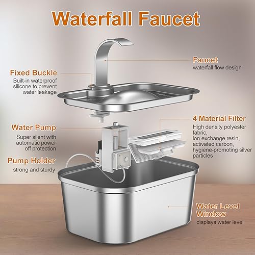 Miniatura 6 de Bobo&Dragon Fuente de agua automática para gatos de acero inoxidable para interiores con bomba silenciosa y filtro integrado, dispensador de agua