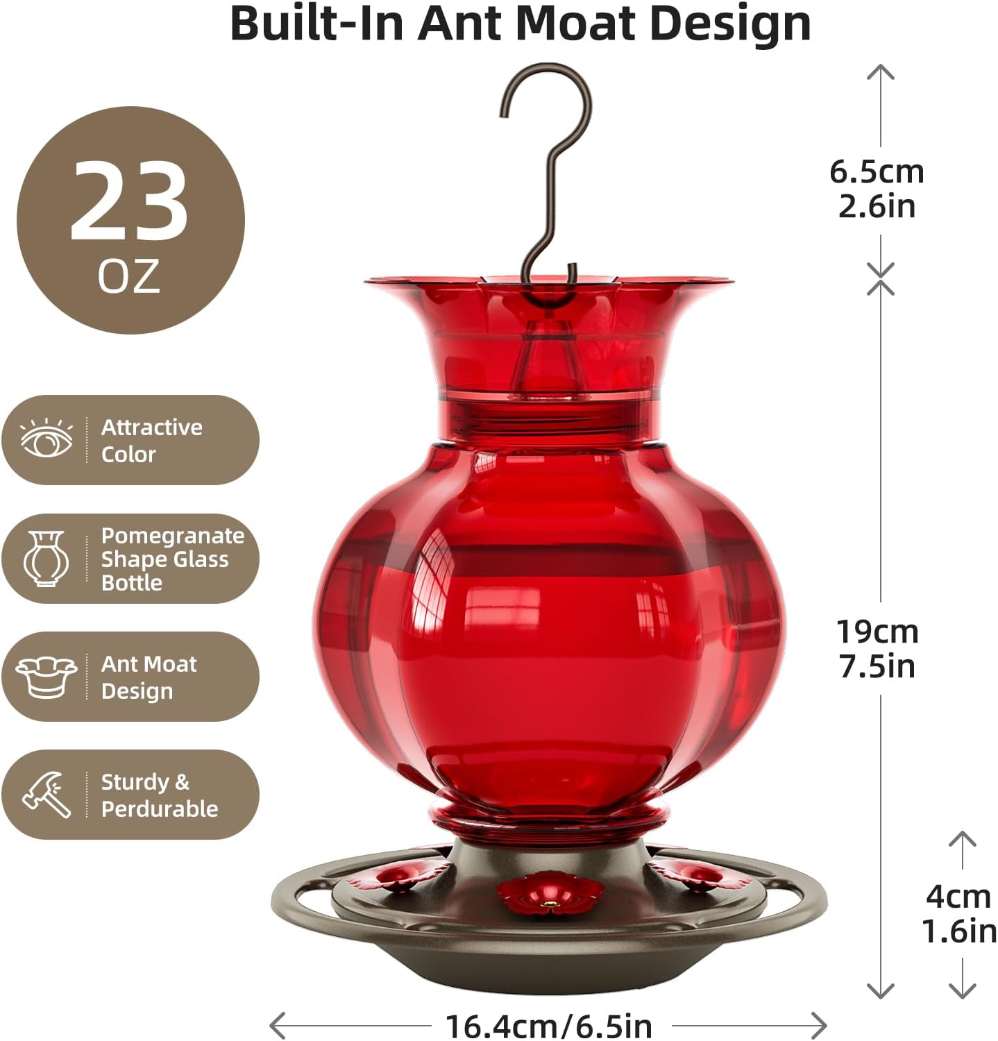 Auslar Hummingbird Feeder, Red Glass Hummingbird Feeders for Outdoors Hanging with Ant Moat, 5 Simulation Flowers Feeding Ports, 23 Ounces, Rustproof, Fade Proof, Pomegranate Shape, 2 Pack