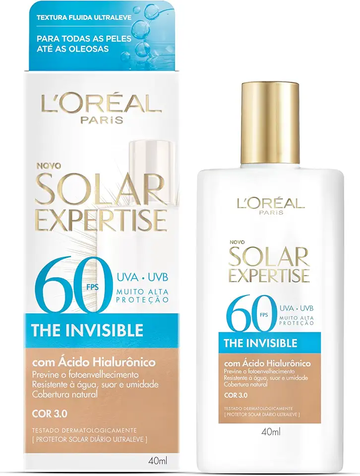 L’Oréal Paris Solar Expertise The Invisible Protetor Solar Facial FPS 60 Para Rosto Com Ácido Hialurônico, Textura Aquosa Ultraleve, Proteção Avançada Anti-Idade, Cor 3.0, 40g