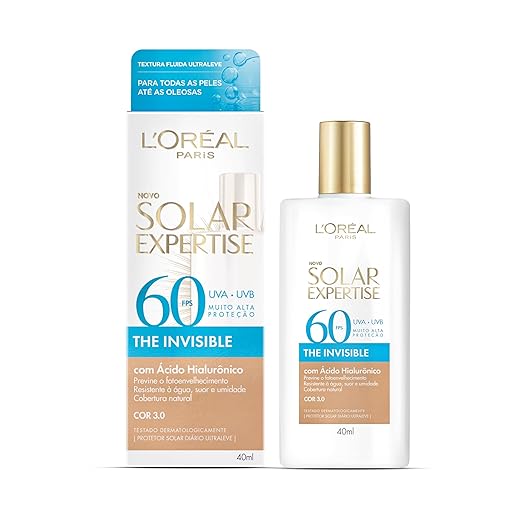 L’Oréal Paris Solar Expertise The Invisible Protetor Solar Facial FPS 60 Para Rosto Com Ácido Hialurônico, Textura Aquosa Ultraleve, Proteção Avançada Anti-Idade, Cor 3.0, 40g