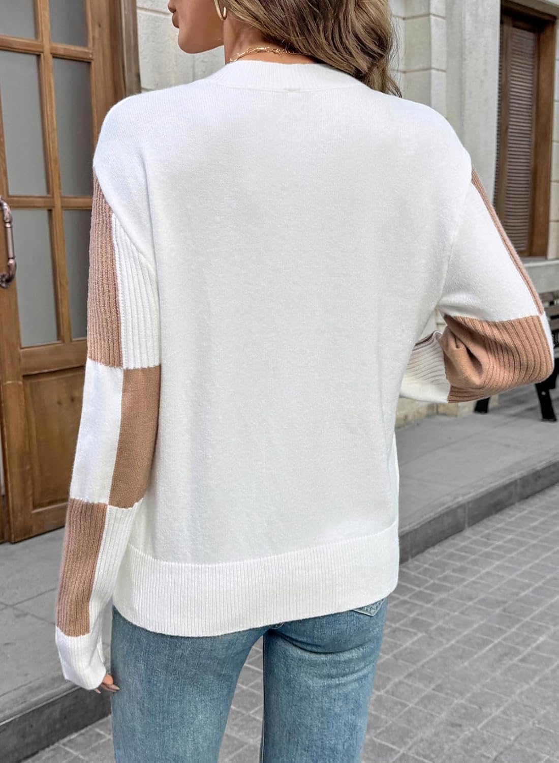 EVALESS Sweaters for Women Crewneck Long Sleeve Color Block Casual Knit Tops 2025 Fall Fashion Checkered Pullover Sweater - Image 4