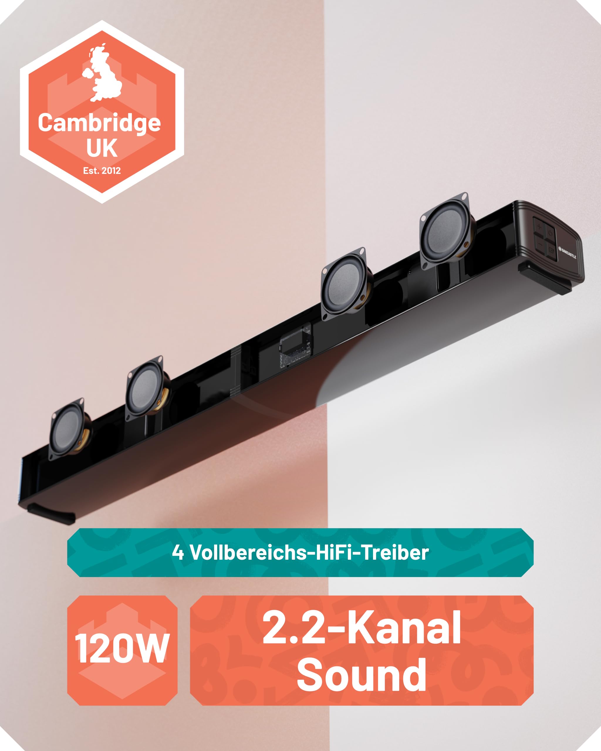 Oakcastle SB80 Soundbar für TV Geräte, 2-in-1-Abnehmbare Split-Sound bar | 2.2 120W Lautsprecher für Fernseher, HDMI ARC AUX RCA, Bluetooth 5.3 ,Inklusive Wandmontage-Set & Fernbedienung