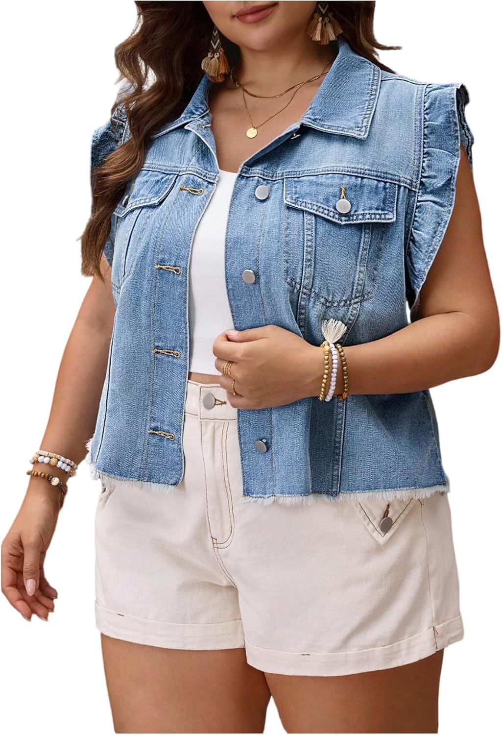 Women's Plus Size Ruffle Cap Sleeve Denim Jacket Button Down Jean Jacket Coat with Pocket