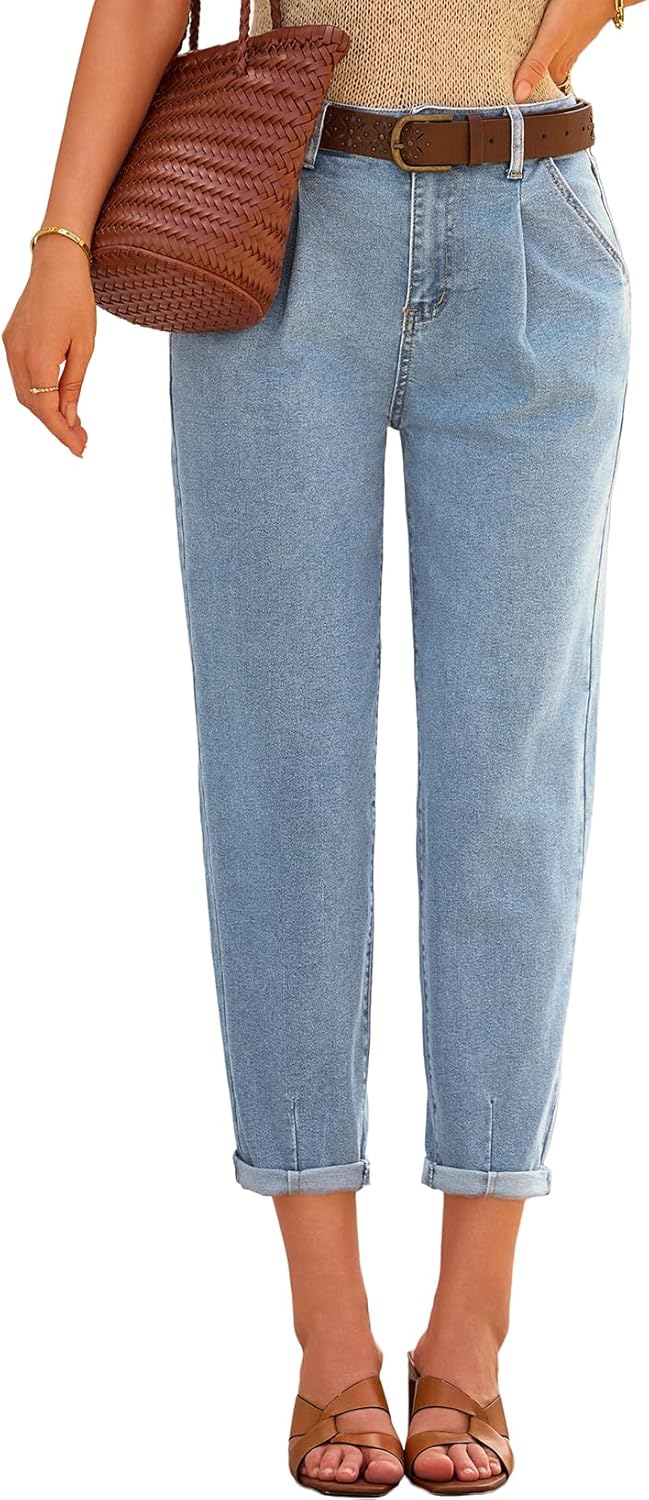 EVALESS Womens Baggy Jeans High Waisted Stretchy Boyfriend Barrel Denim Ankle Pants