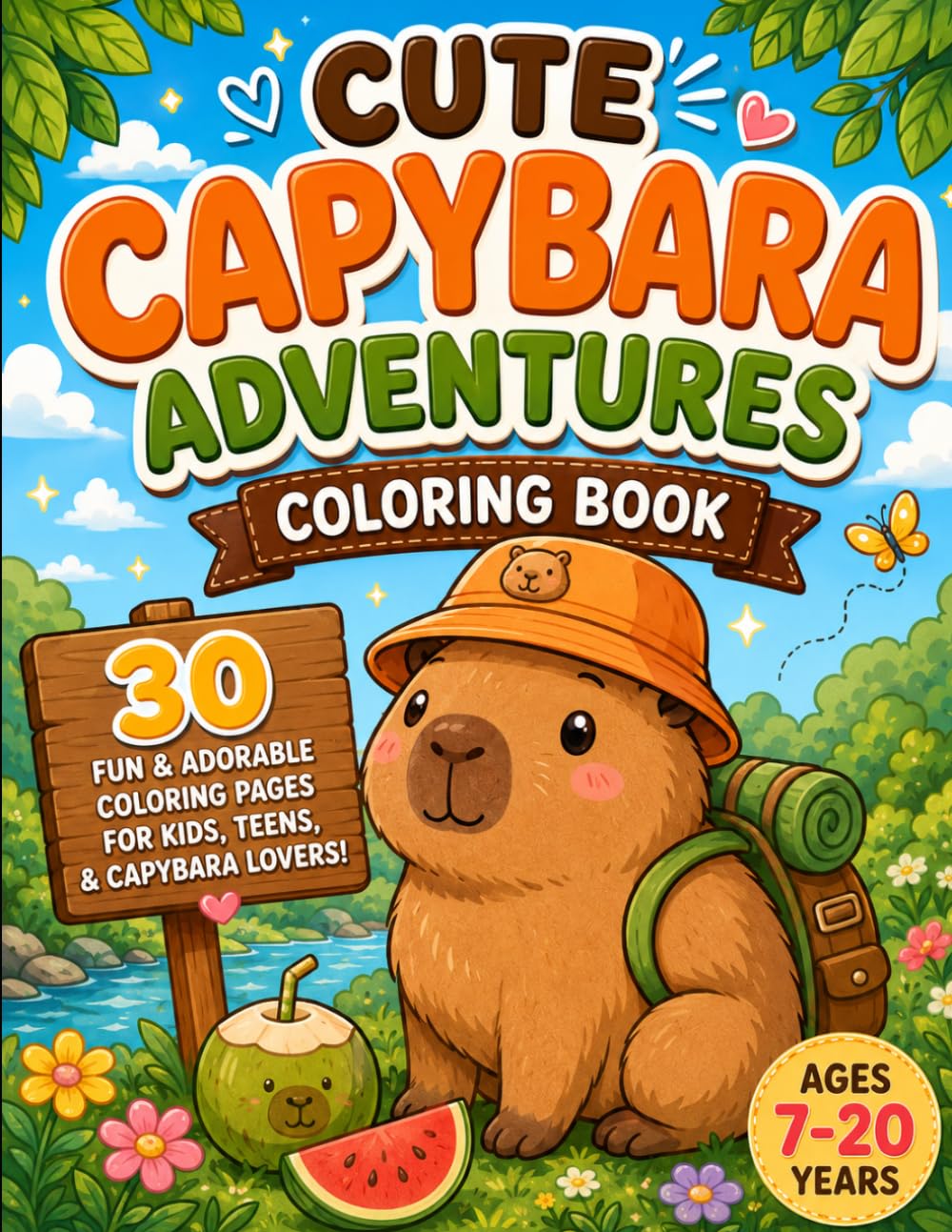 Cute Capybara Adventures Coloring Book: 30 Fun and Adorable Coloring Pages for Kids, Teens, and Capybara Lovers