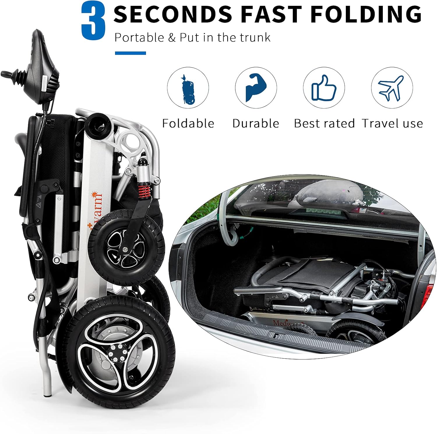 Medwarm Folding Aluminum Electric Wheelchair for Adults, Durable Power Wheelchair with Comfortable Seat : Health & Household