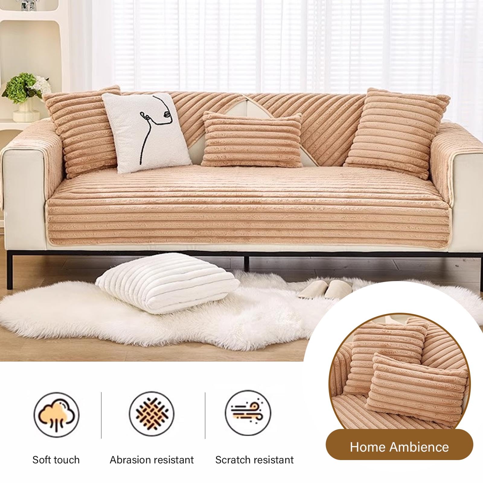 Copertura Per Divano - Morbido Tessuto In Peluche Di Coniglio, Lavabile In Lavatrice, Antiscivolo Per Divano Modulare, Copertura Divano Da 1 2 3 4 Posti, Protettore Mobili Sogg Earthy Yellow 90*160cm
