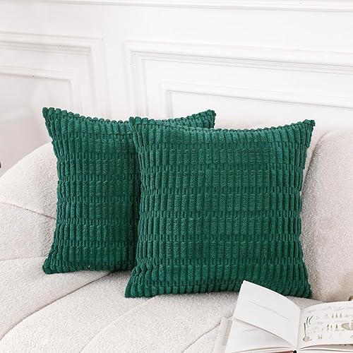 Miniatura 1 de HWY 50 Juego de 2 fundas de cojín decorativas de pana verde oscuro de 18 x 18 pulgadas, fundas de cojín bohemias a rayas suaves para sofá, cama y