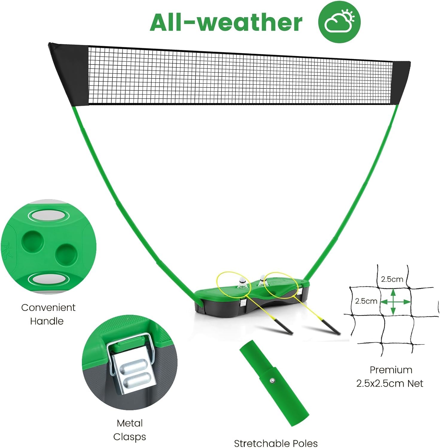 Tragbares Badminton-Set, Faltbares Badmintonnetz | Mit Freistehendem Ständer, 2 Badmintonschlägern, 2 Federbällen, Für Indoor- Und Outdoor-Spiele Green 270 X 33.5 X 160 cm