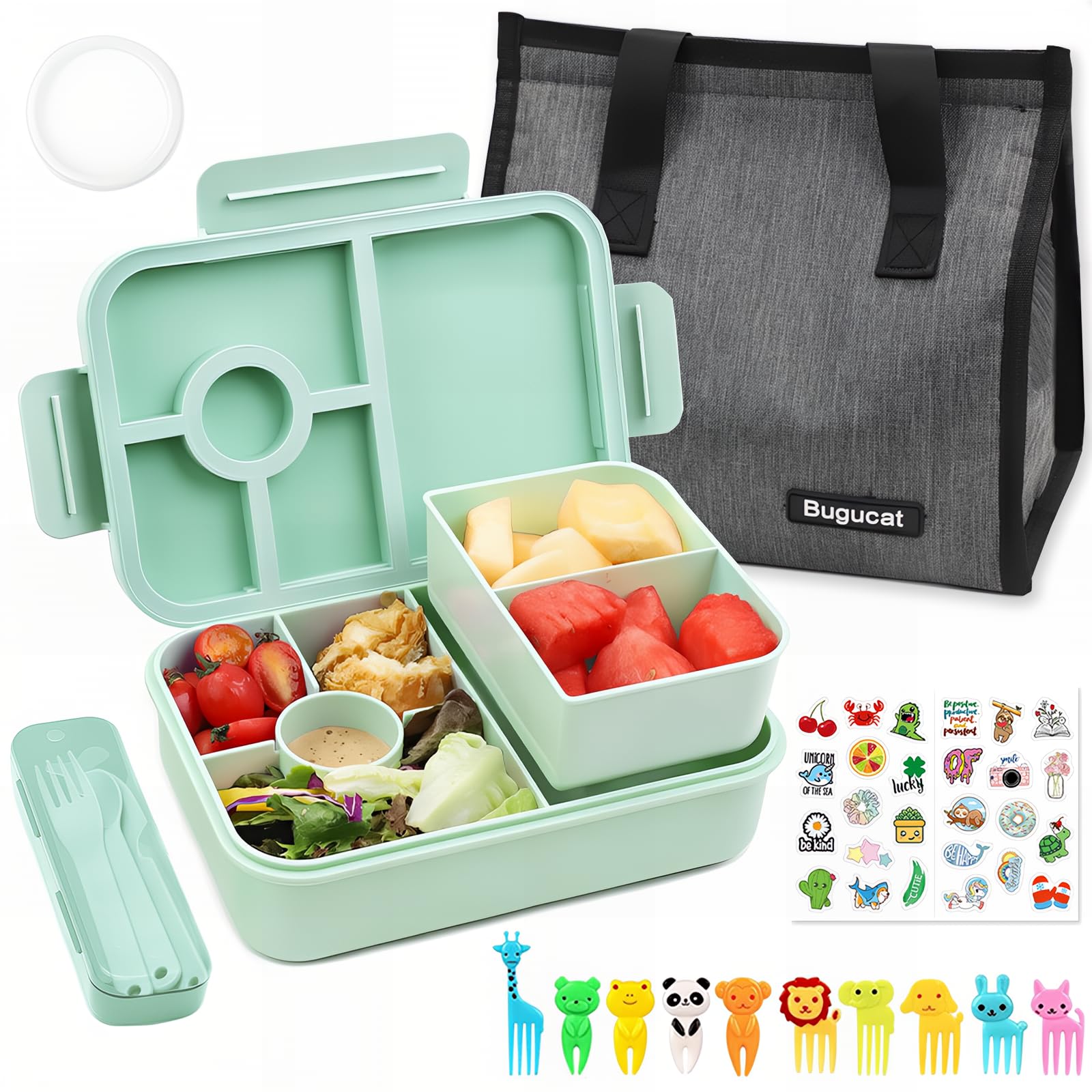Bugucat Brotdose Kinder mi Fächern 1300ML,Auslaufsicher Lunchbox mit Lunchtasche,Bento Box für Erwachsene mit Besteckset Obstgabel,Vesperdose Frühstücksbox mit Aufkleber für für Mädchen & Jungen