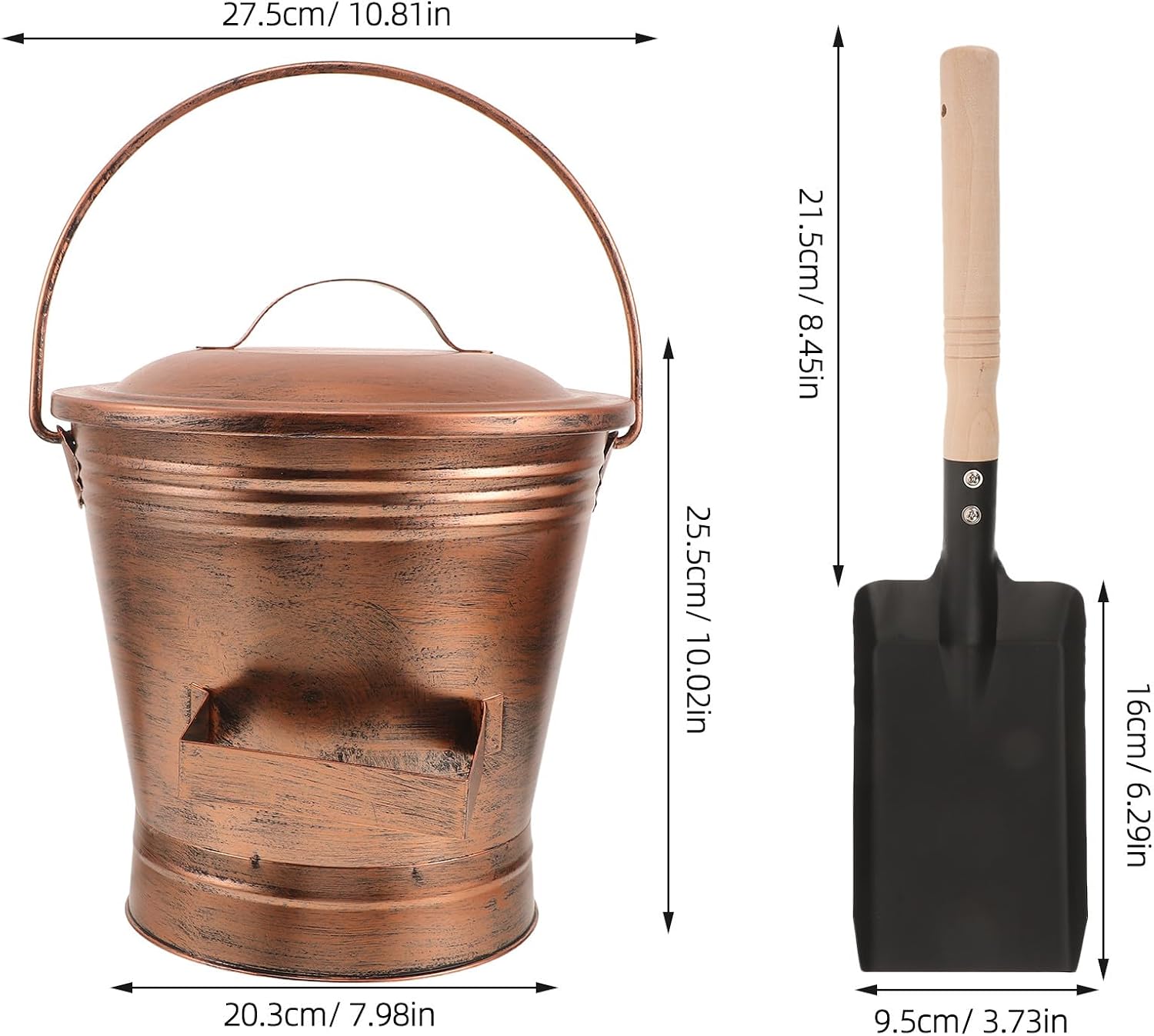 1 Set Ash Bucket with Lid and Shovel, Compact Fireplace Tools, Includes Iron Pail and Shovel, 3 Gallon Charcoal Metal Bucket Ash Can for Fireplace