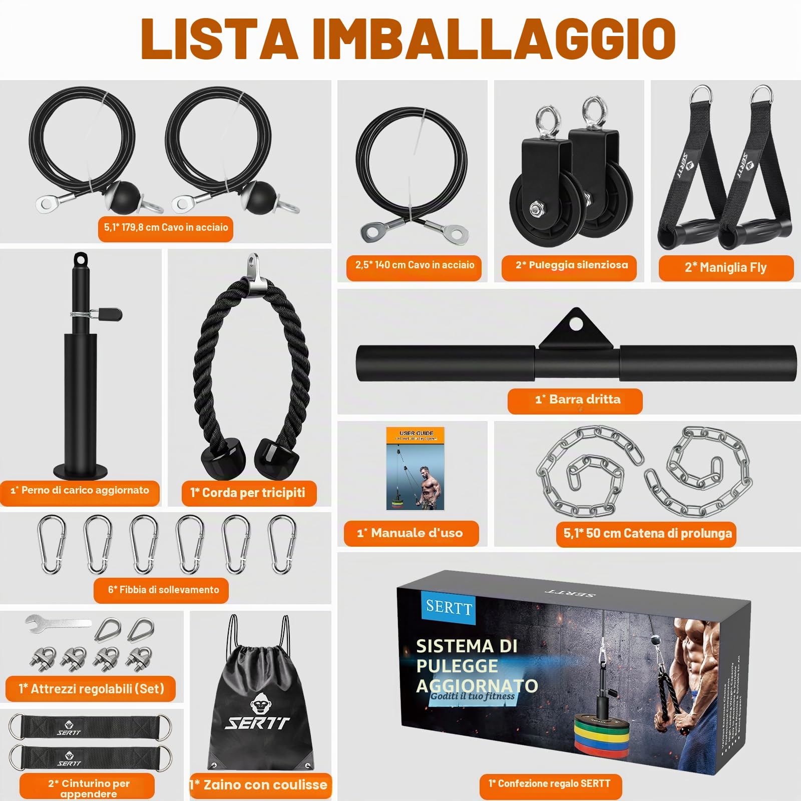 SERTT Sistema di puleggia per pesi da palestra, accessori per puleggia con cavi aggiornati per pull down, bicipiti, tricipiti, esercizi per braccia, attrezzatura aggiuntiva per palestra domestica