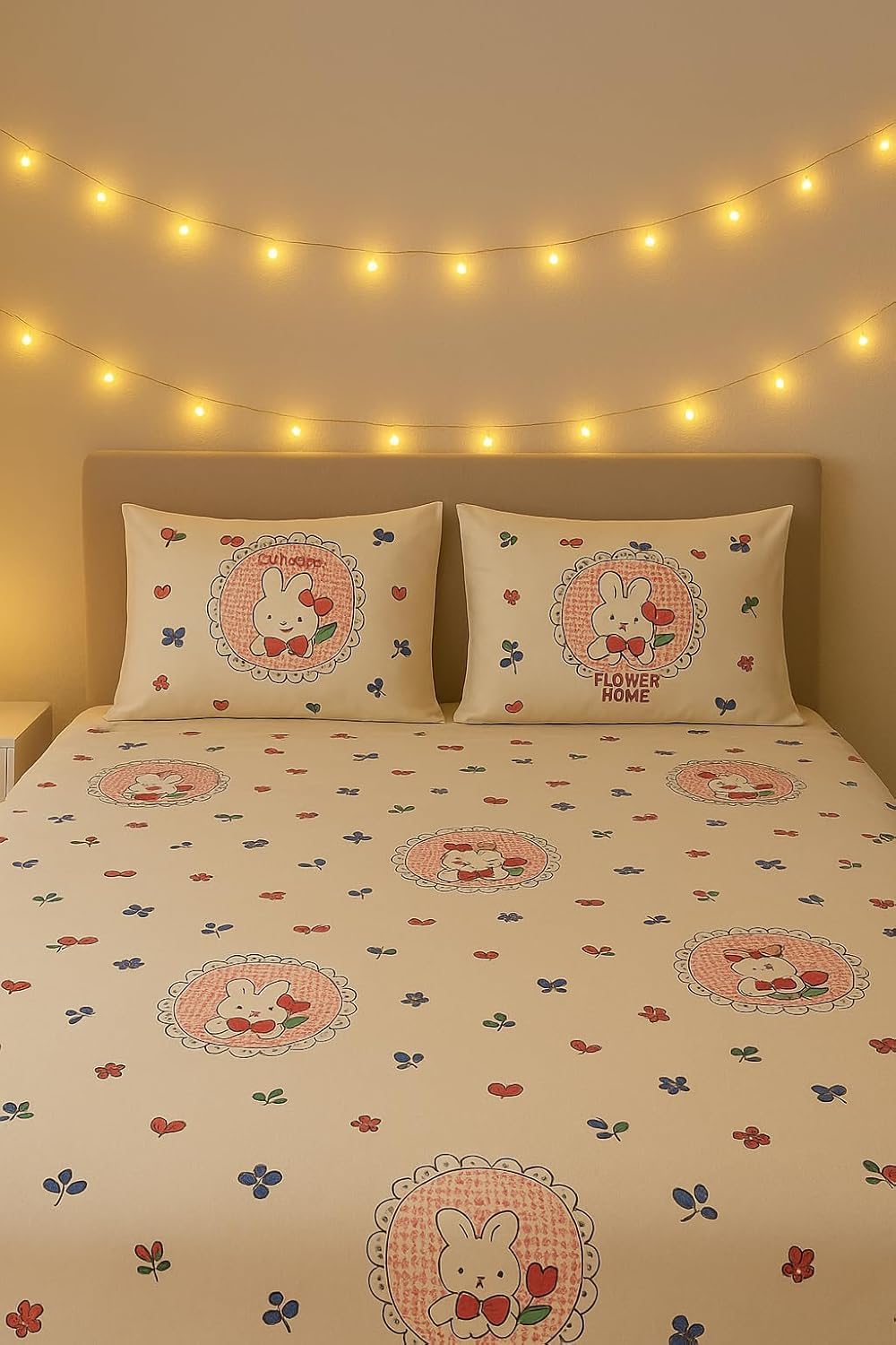 Cute Cartoon Print King Size Double Bedsheet with 2 Pillow Covers | White Hearts & Flowers Pattern | 210 Thread Count Soft & Breathable Bedding Set | All-Season Bedroom Décor-image-41