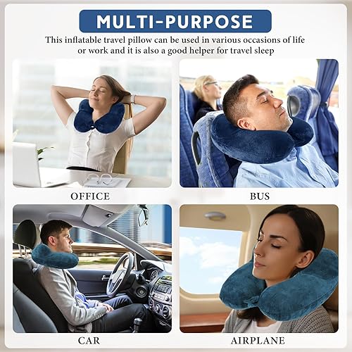 Miniatura 7 de Sintuff Paquete de 2 almohadas inflables de viaje para aviones, almohadas inflables para vuelos de cuello con bolsa compacta y venda para los ojos,