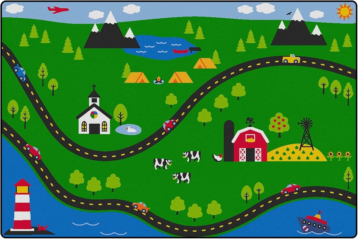 Children's Factory Sunday Drive Value Rug, 72" L x 48" W, Learning Carpets for Preschools, Playrooms, and Elementary Schools, Classroom Rug, Carpets for Kids