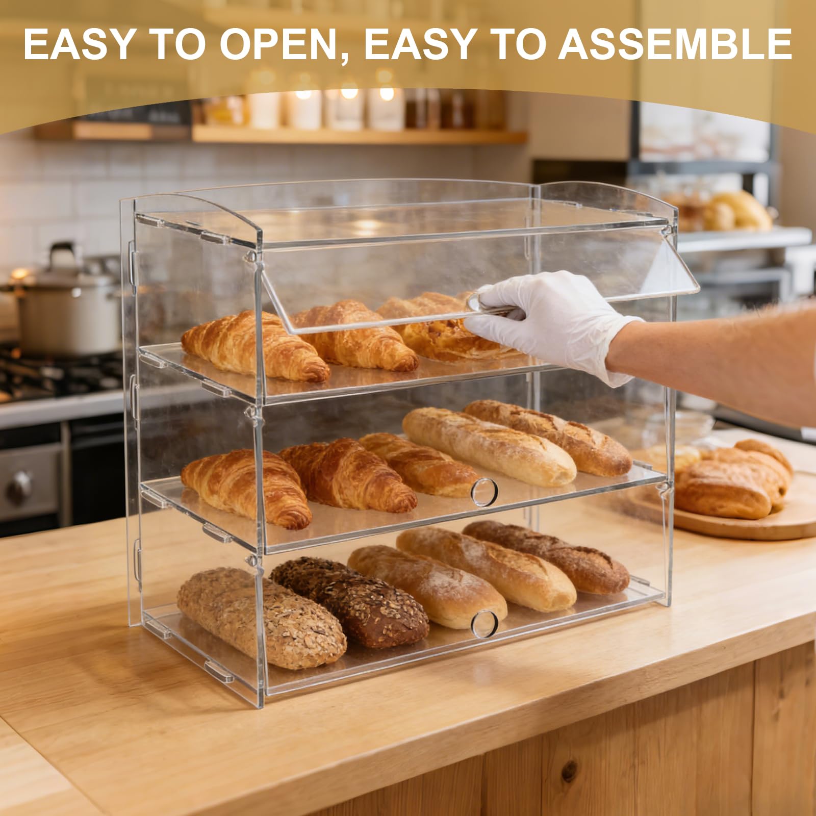 TAIMIKO Vitrina de acrílico para repostería, 3 niveles, vitrina de panadería de 19 x 9 x 15.3 pulgadas para pan, postres, alimentos, galletas, hornear, pasteles, donas con pinzas para servir pasteles