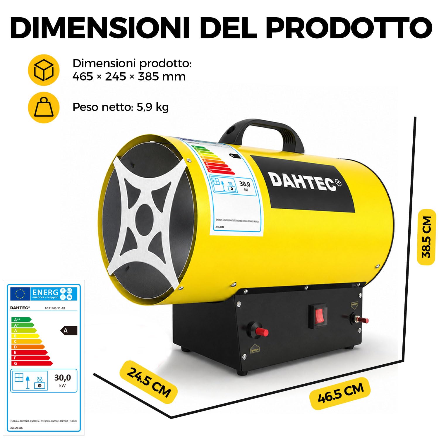 Riscaldatore Mobile a Gas 30 kW - Cannone Termico - Termoventilatore a Gas - Riscaldamento Radiante - Accensione Piezoelettrica - per Cantieri, Officina, Serra