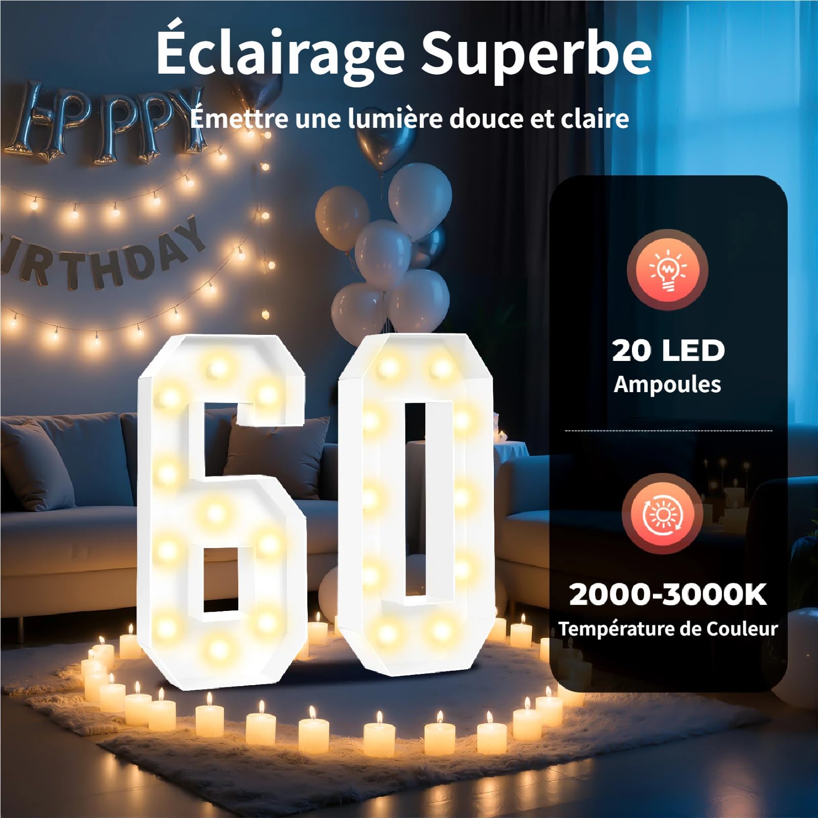 Numeri luminosi LED 2000-3000 K in altezza 100 cm, decorazione di compleanno 60, giganti numeri luminosi per compleanni, matrimoni, feste